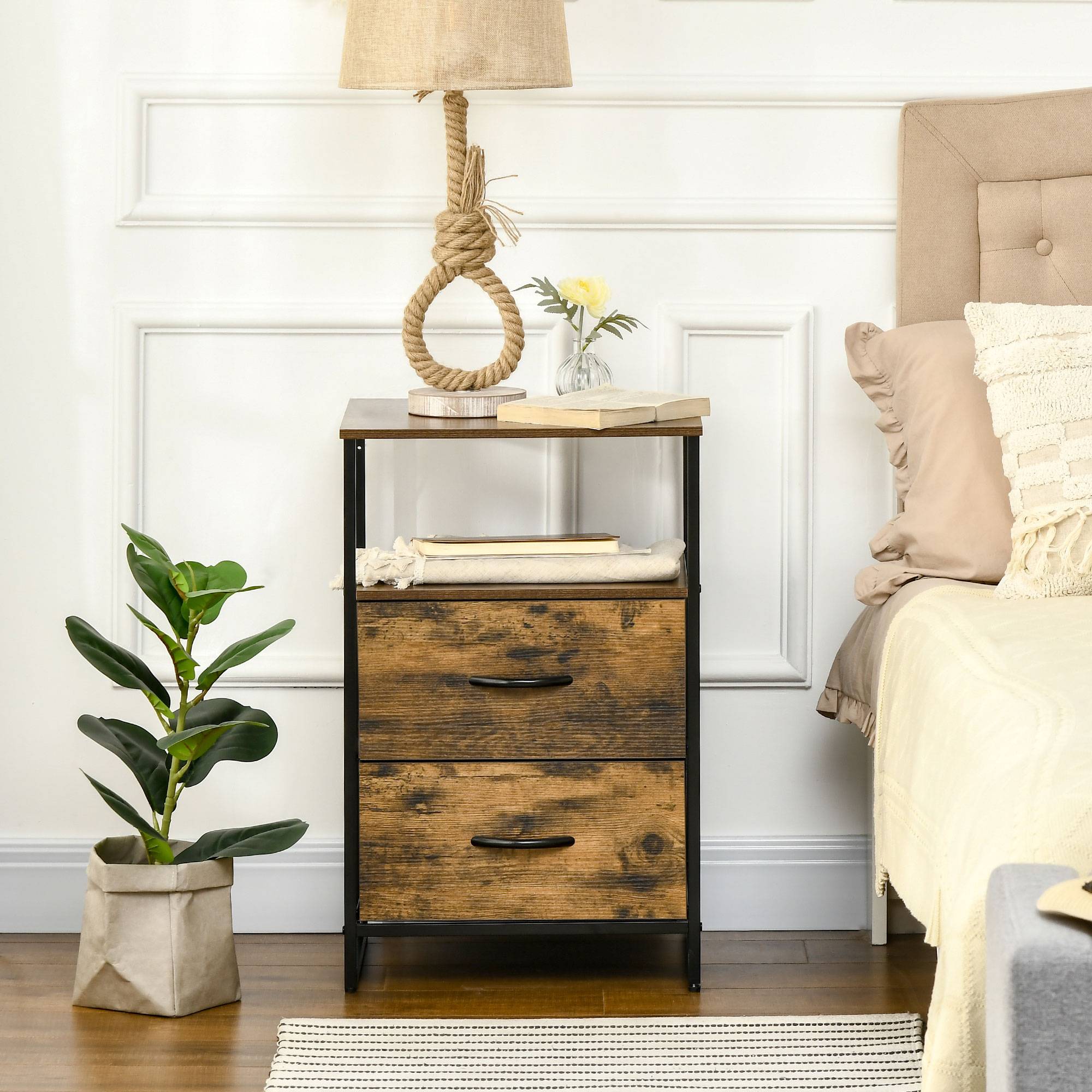 Table chevet avec 2 tiroirs tissu, meuble appoint chambre rangement bois métal 45x40x70,5 cm moderne - Image 4