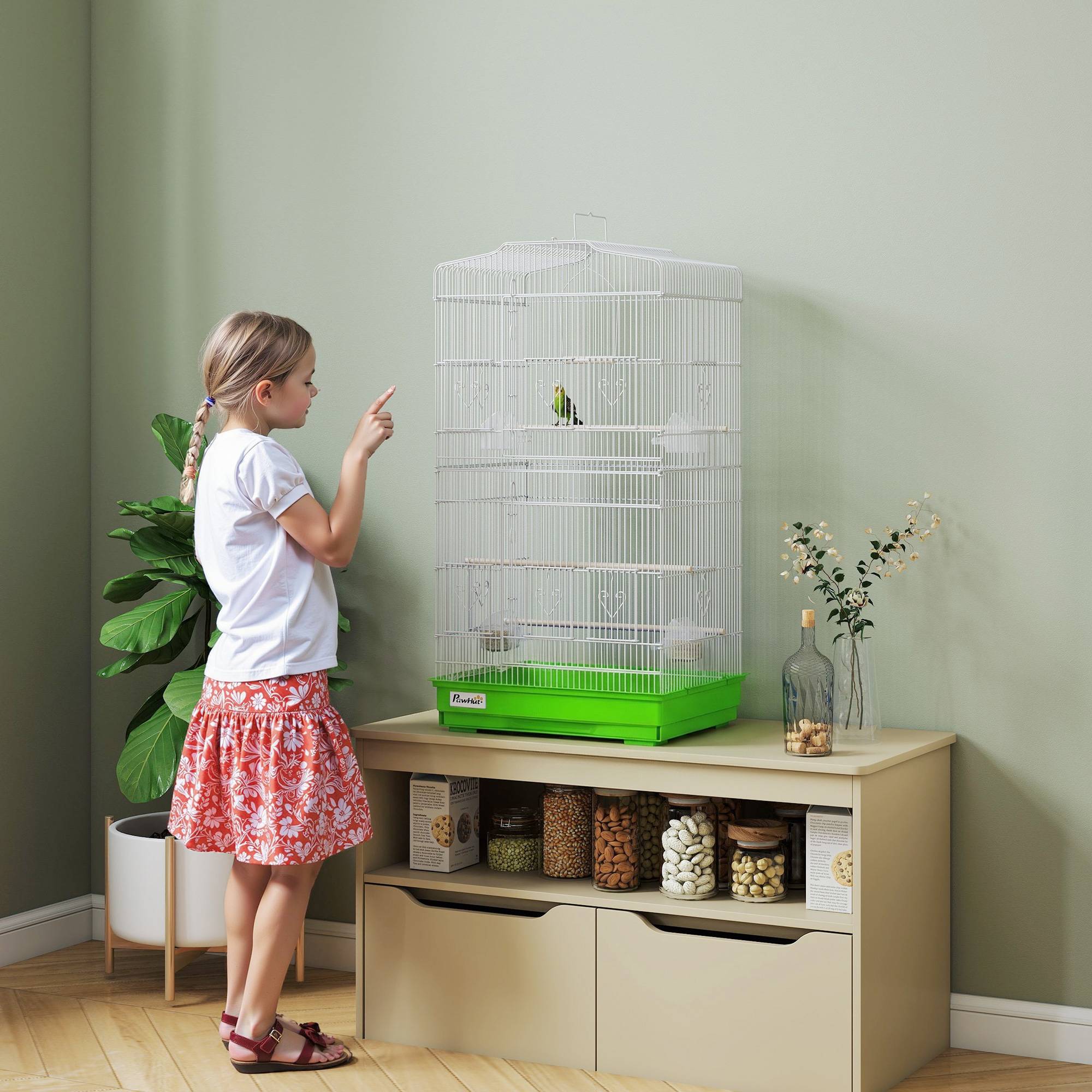 Cage à oiseaux métallique avec 4 mangeoires, 3 perchoirs, balançoire, plateau extractible et poignée, 46,5x35,5x92 cm, vert - Image 10