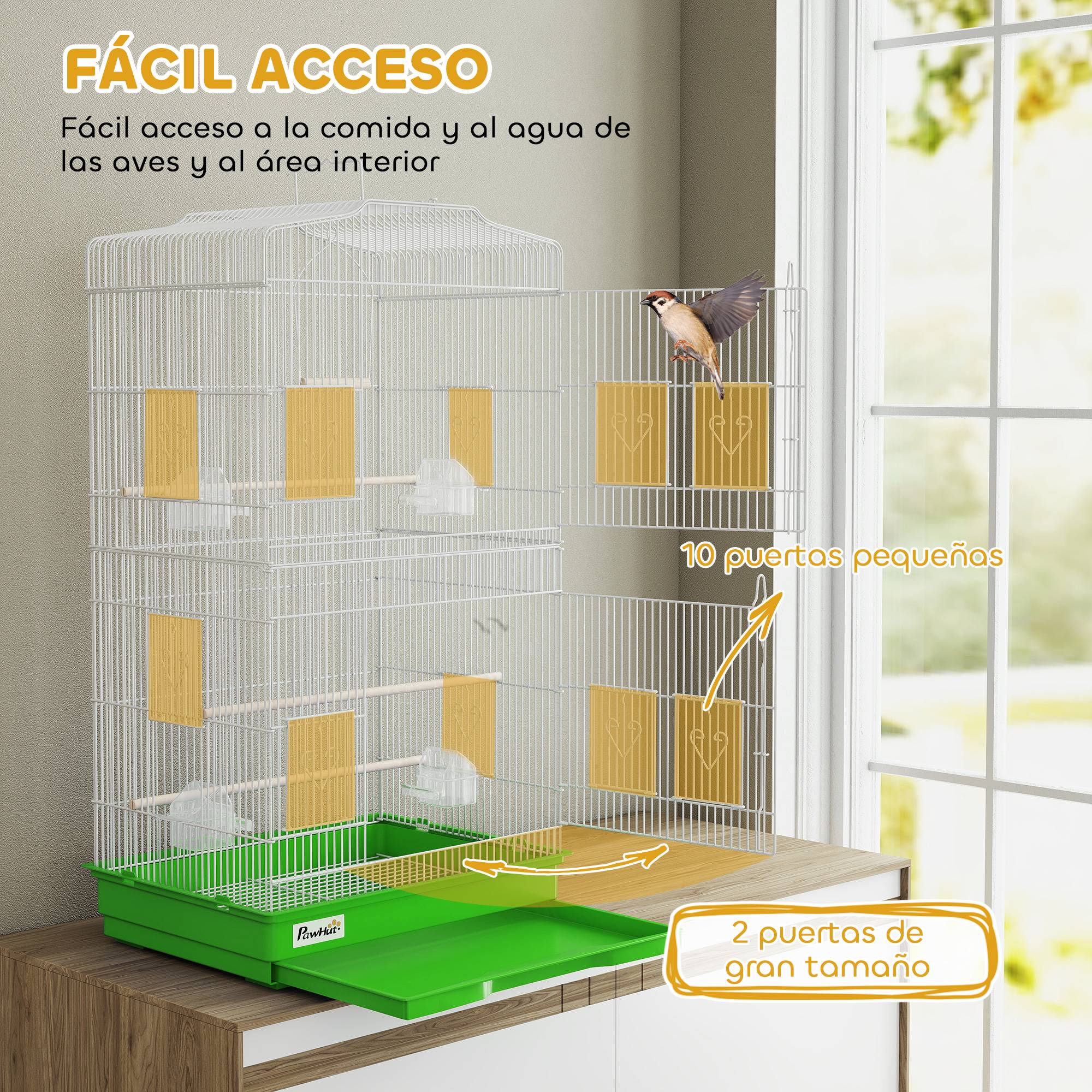 Cage à oiseaux métallique avec 4 mangeoires, 3 perchoirs, balançoire, plateau extractible et poignée, 46,5x35,5x92 cm, vert - Image 6