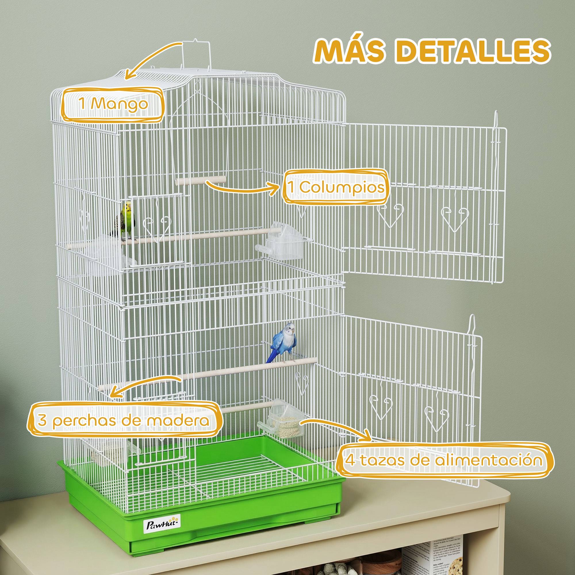 Cage à oiseaux métallique avec 4 mangeoires, 3 perchoirs, balançoire, plateau extractible et poignée, 46,5x35,5x92 cm, vert - Image 8