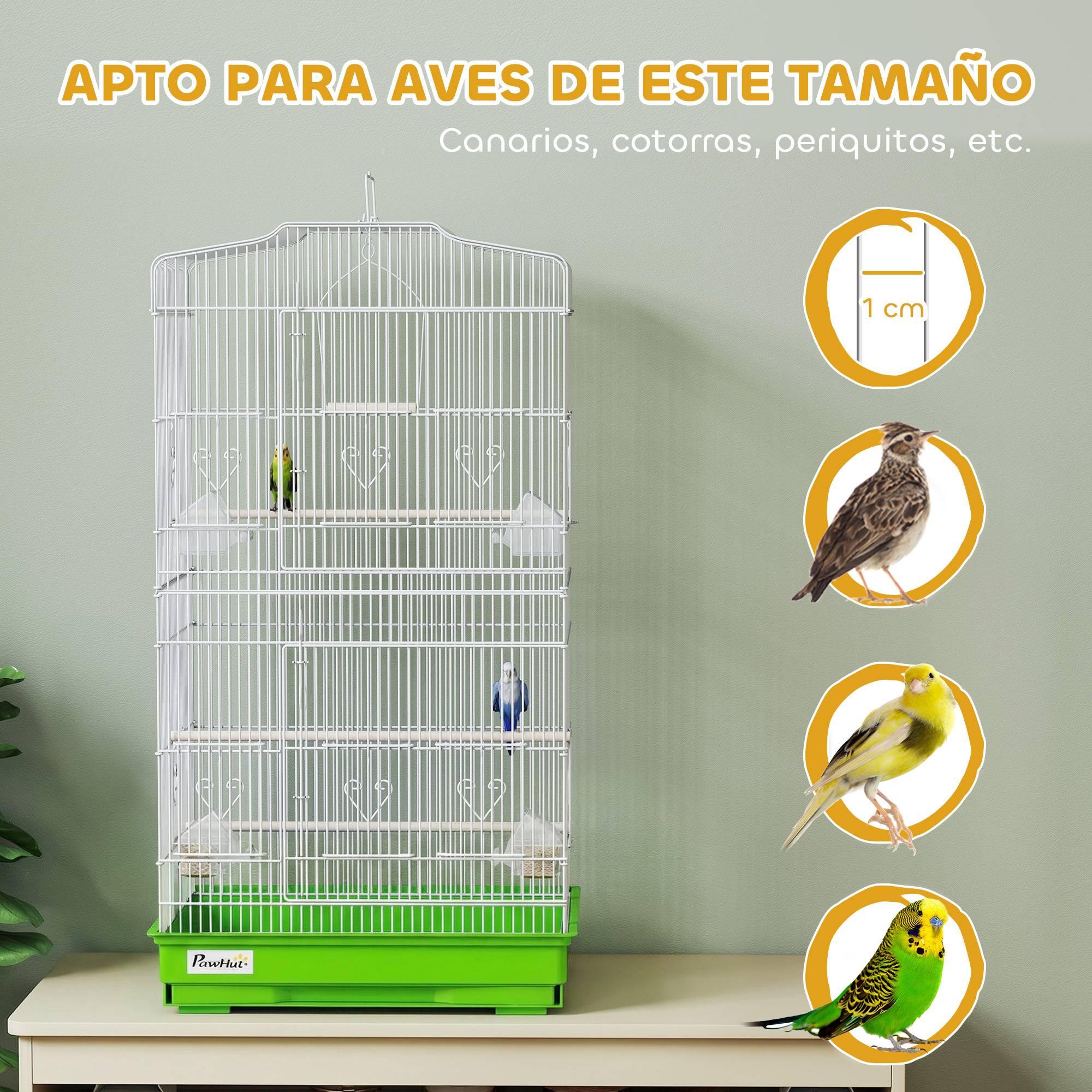 Cage à oiseaux métallique avec 4 mangeoires, 3 perchoirs, balançoire, plateau extractible et poignée, 46,5x35,5x92 cm, vert - Image 9