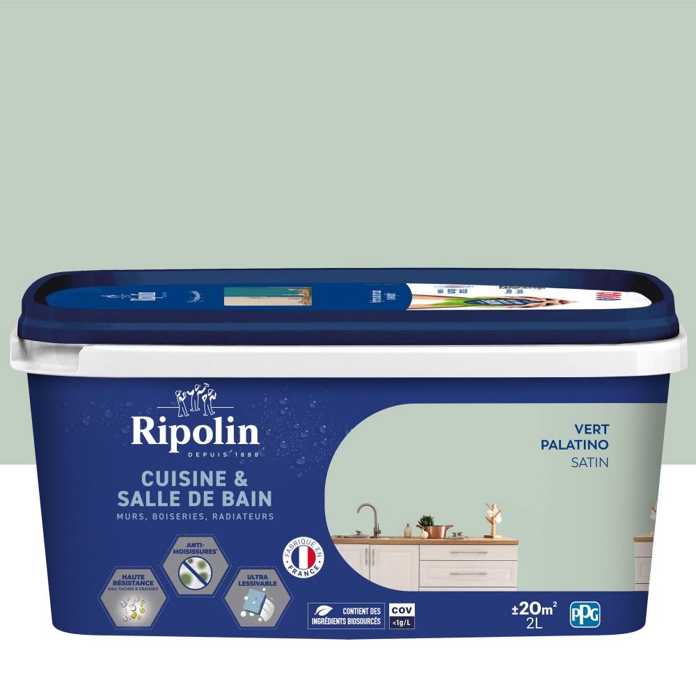 Ripolin - Peinture mur, RIPOLIN cuisine et bain, 2 litres, vert palatino satin - Image 1