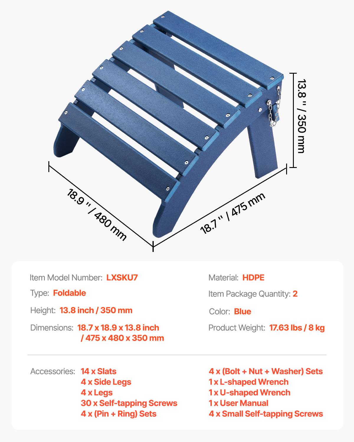 VEVOR Repose-pieds pliable Adirondack, lot 2, PEHD 475x480x350mm, bleu. - Image 7