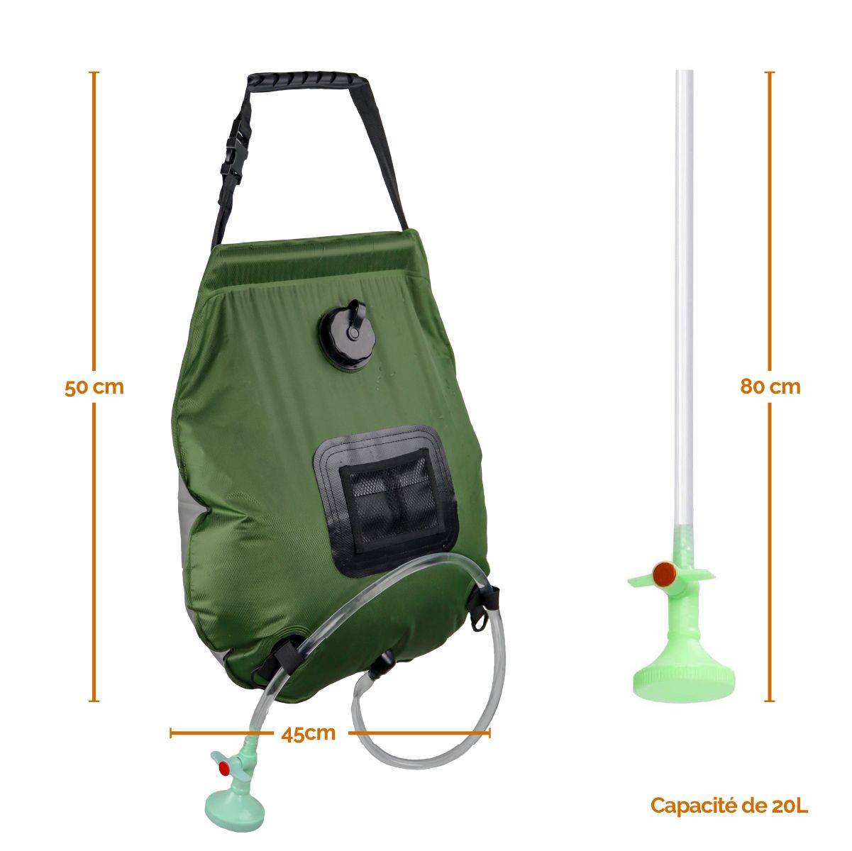 Sac de douche solaire 20 L pour camping ou jardin - Vert kaki - Linxor - Image 2