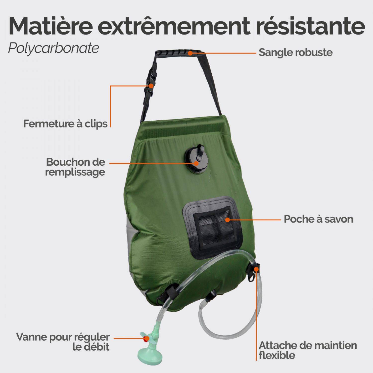 Sac de douche solaire 20 L pour camping ou jardin - Vert kaki - Linxor - Image 3