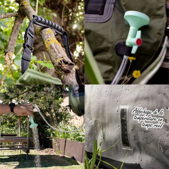 Sac de douche solaire 20 L pour camping ou jardin - Vert kaki - Linxor - Image 5