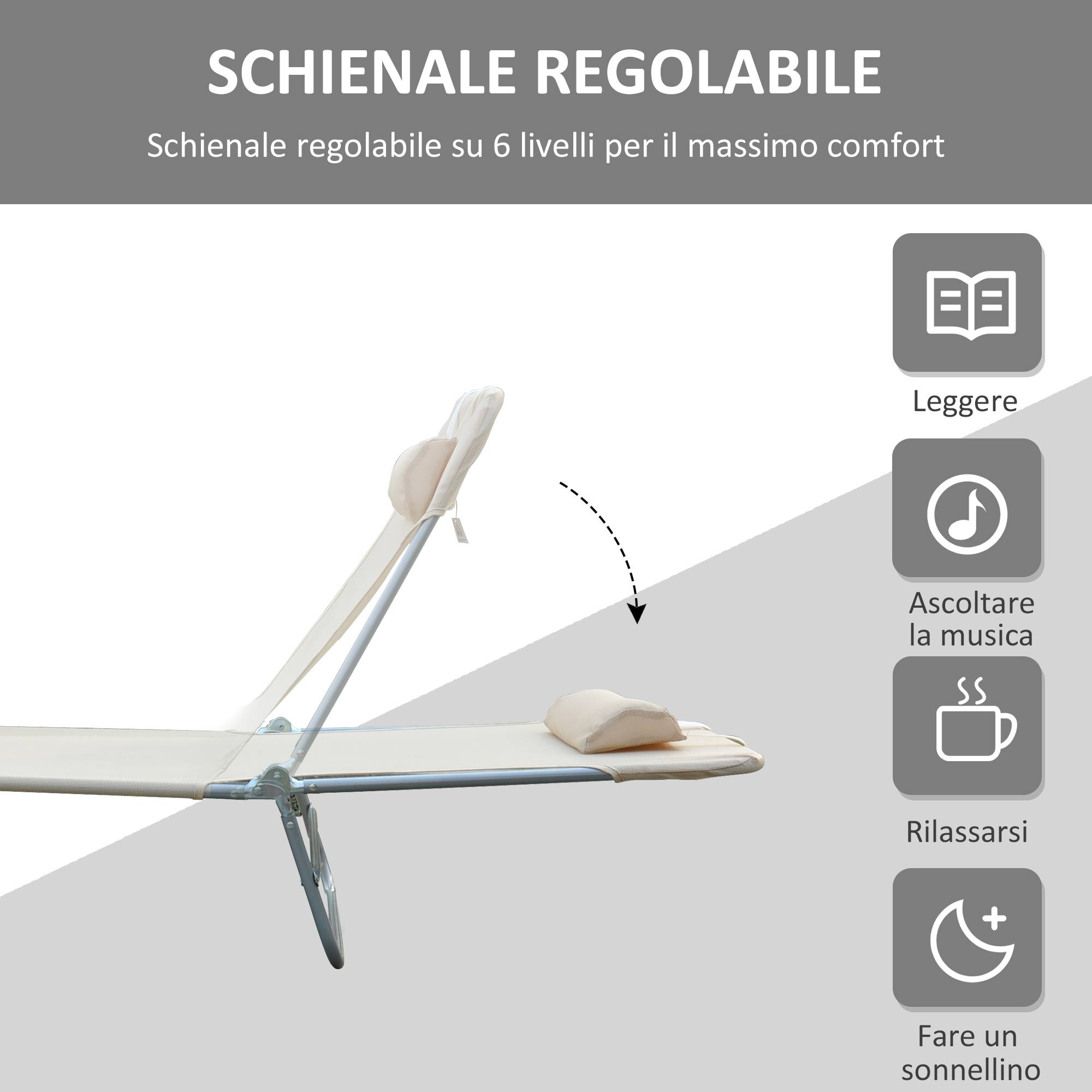 Ensemble de 2 chaises longues pliantes avec dossier inclinable à 4 positions, métal et tissu mesh, beige - Image 6