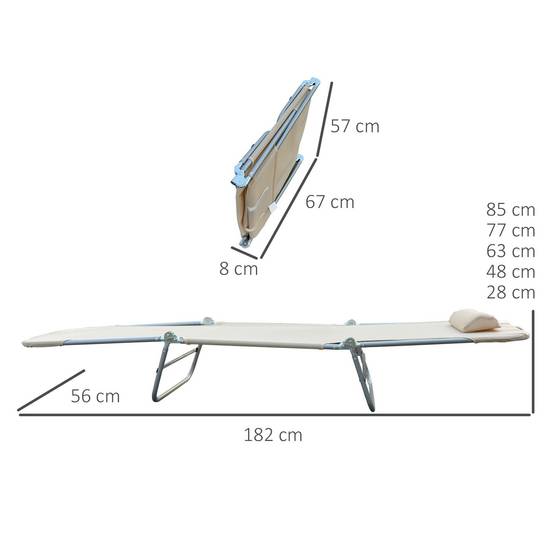 Ensemble de 2 chaises longues pliantes avec dossier inclinable à 4 positions, métal et tissu mesh, beige - Image 5