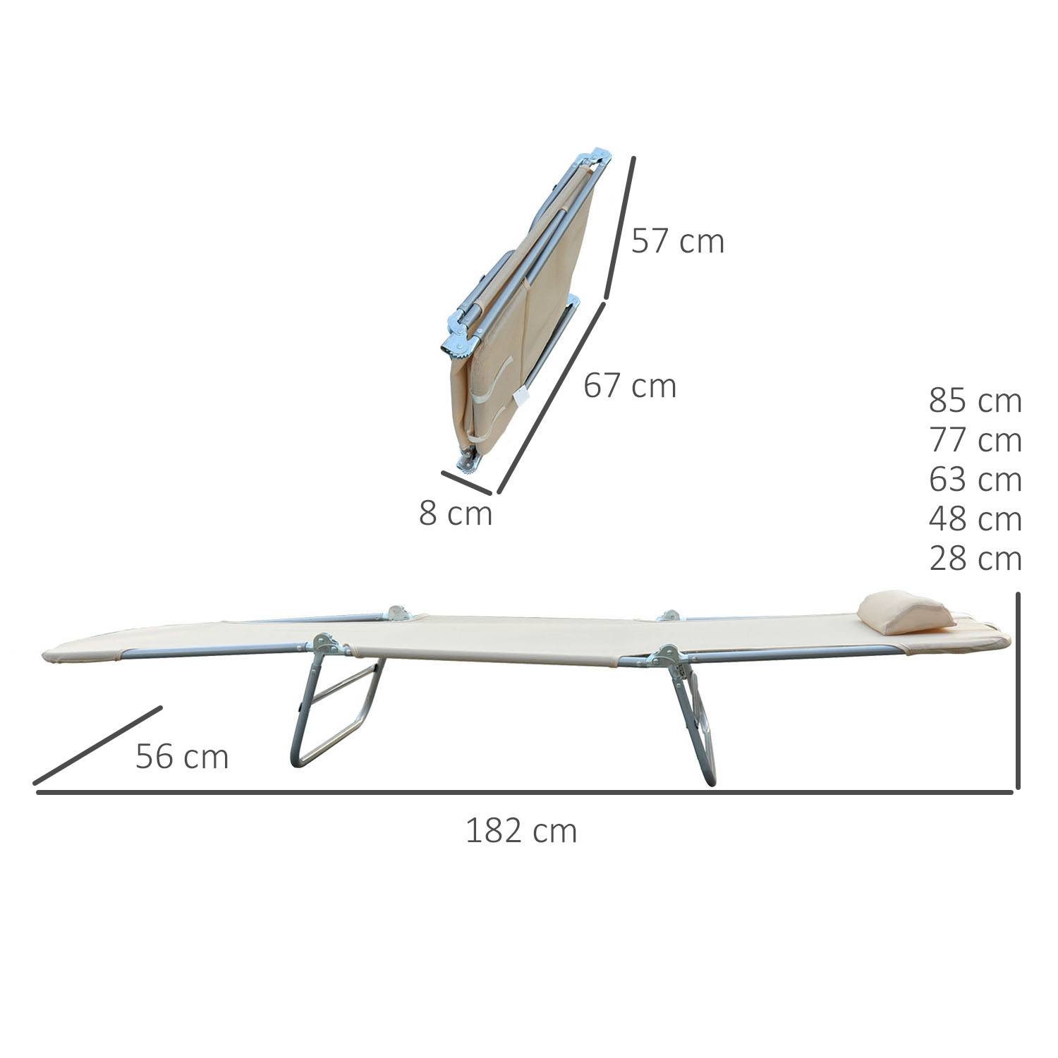 Ensemble de 2 chaises longues pliantes avec dossier inclinable à 4 positions, métal et tissu mesh, beige - Image 5