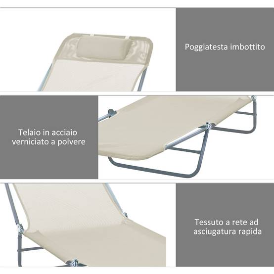 Ensemble de 2 chaises longues pliantes avec dossier inclinable à 4 positions, métal et tissu mesh, beige - Image 8