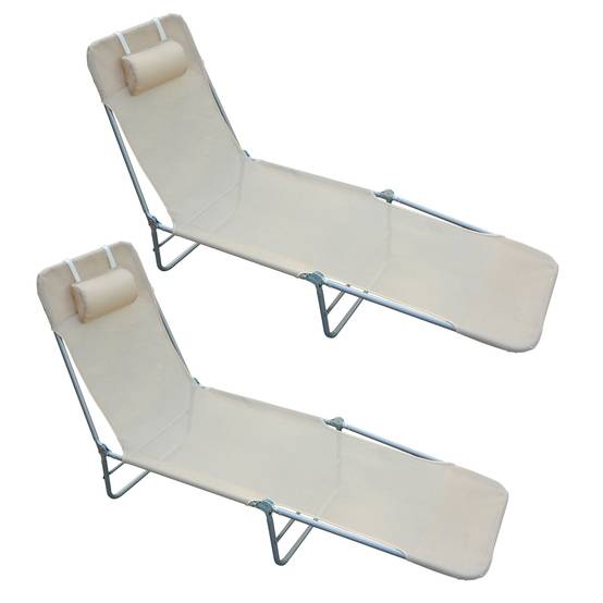 Ensemble de 2 chaises longues pliantes avec dossier inclinable à 4 positions, métal et tissu mesh, beige - Image 1