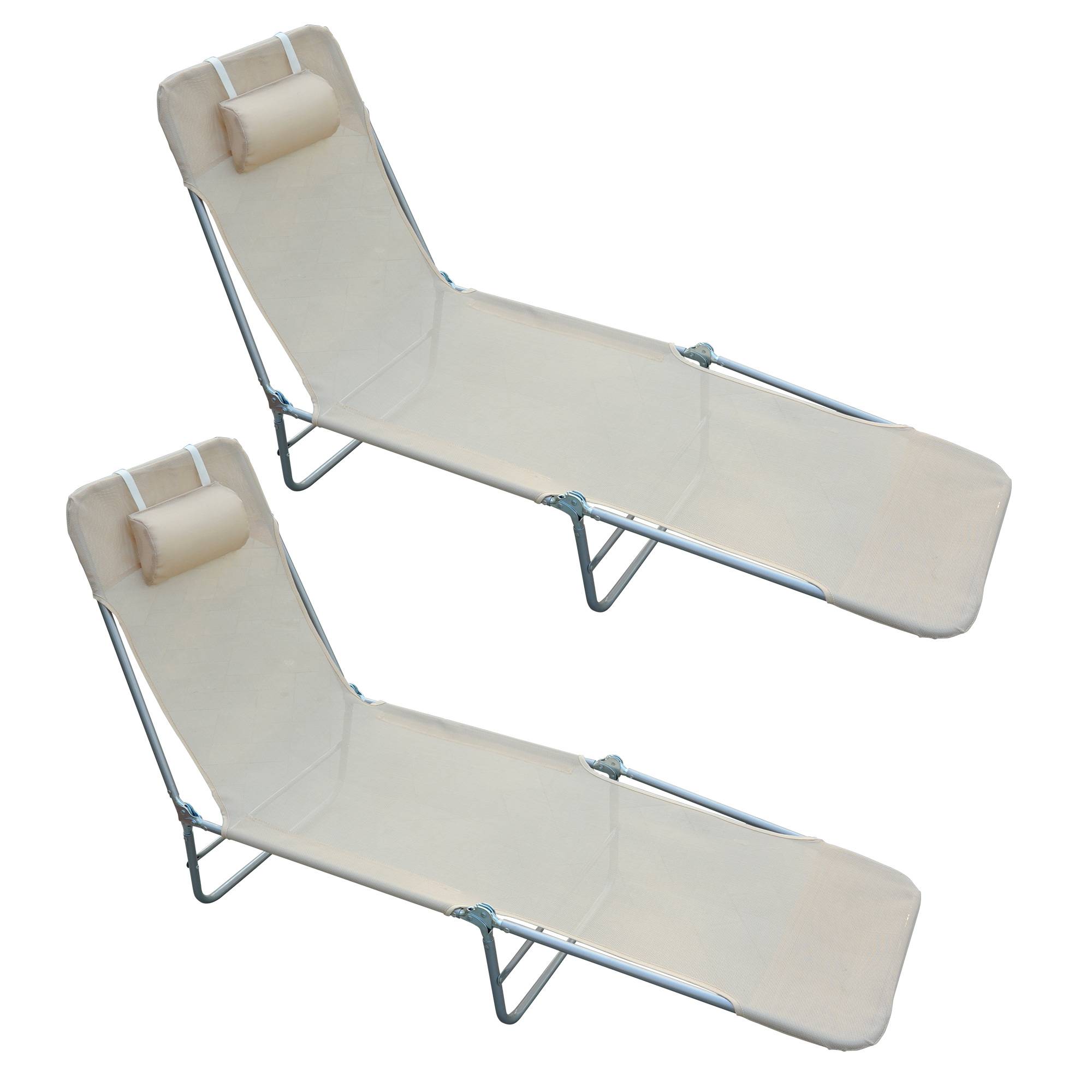 Ensemble de 2 chaises longues pliantes avec dossier inclinable à 4 positions, métal et tissu mesh, beige - Image 1