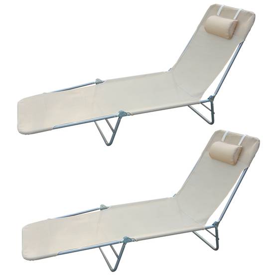 Ensemble de 2 chaises longues pliantes avec dossier inclinable à 4 positions, métal et tissu mesh, beige - Image 2