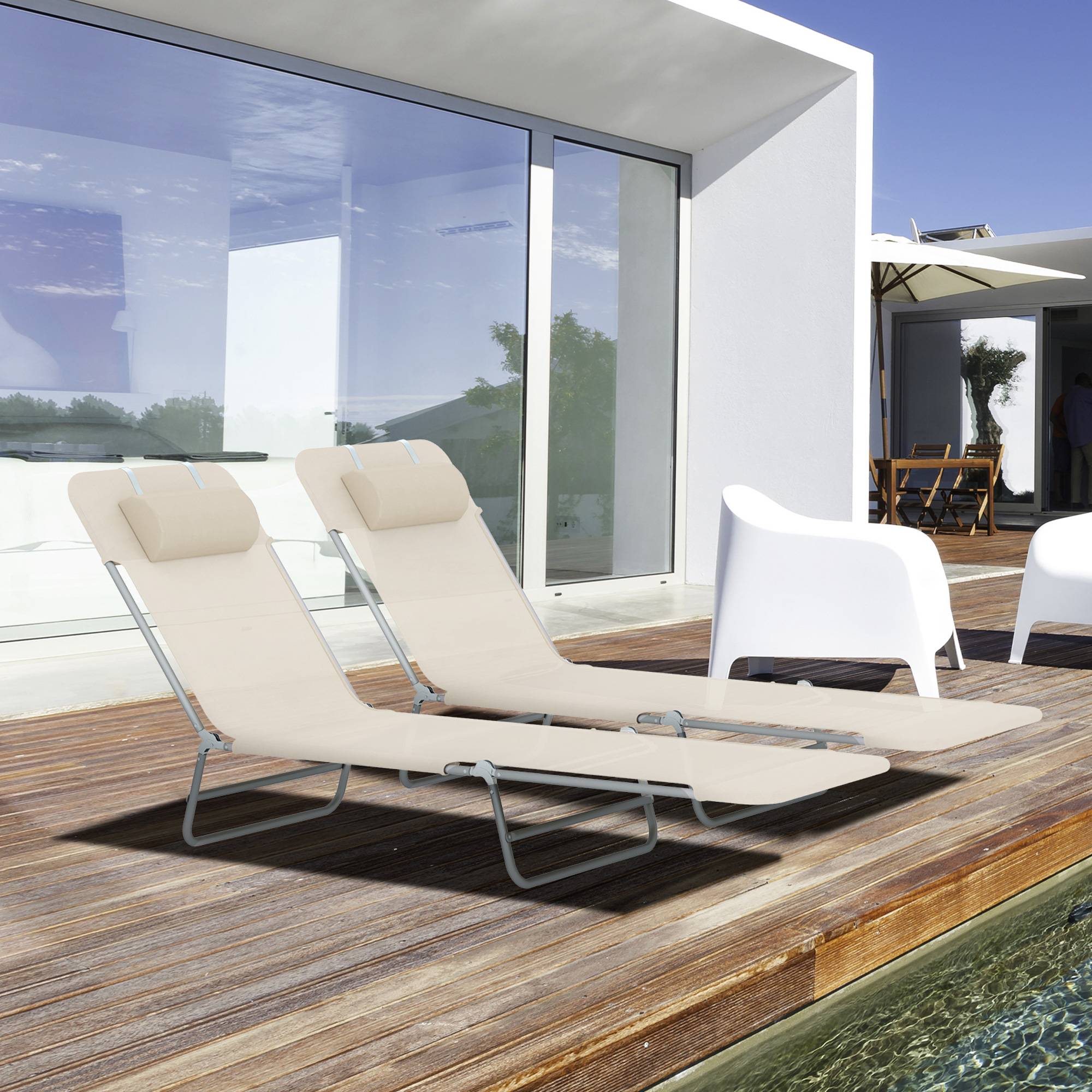 Ensemble de 2 chaises longues pliantes avec dossier inclinable à 4 positions, métal et tissu mesh, beige - Image 4