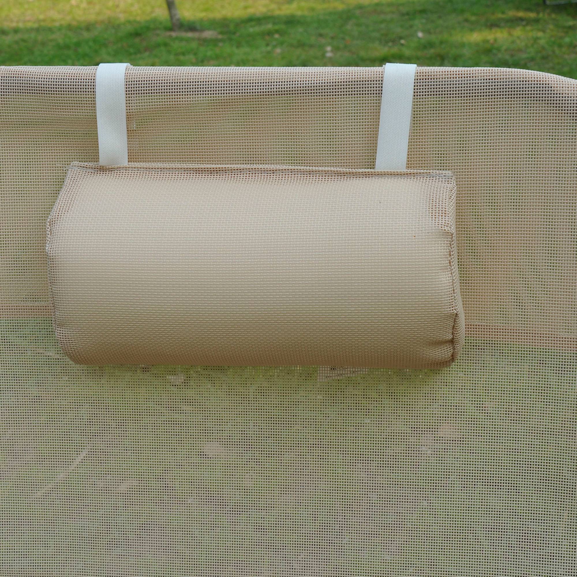 Ensemble de 2 chaises longues pliantes avec dossier inclinable à 4 positions, métal et tissu mesh, beige - Image 9