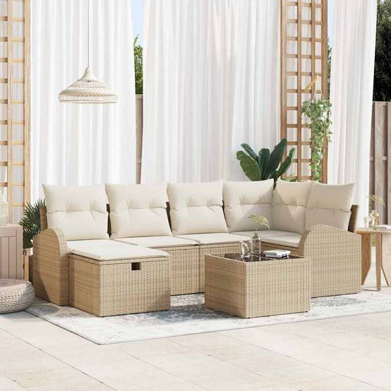 Salon de jardin 6 places poly rotin avec rangement et table basse pour terrasse Beige – ComfortXL Outdoor Living - Image 1