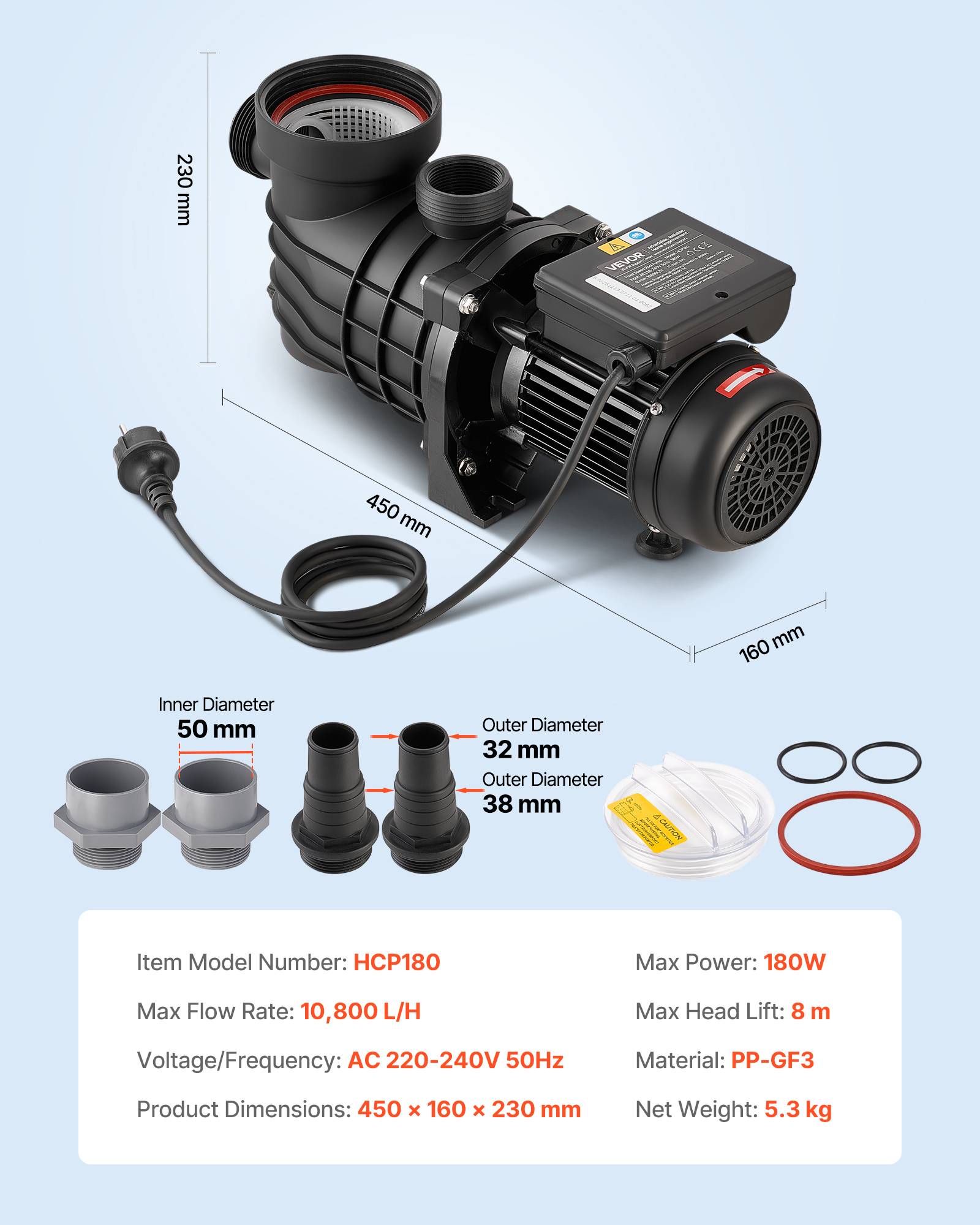 Vevor - VEVOR Pompe Piscine Hors Sol 180 W, 10800 L/h, Hauteur 8 m, Monovitesse, Panier filtrant et couvercle inclus. - Image 6