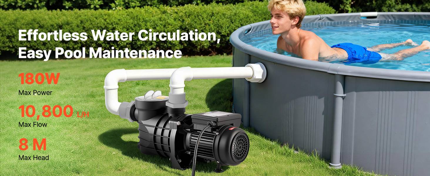 Vevor - VEVOR Pompe Piscine Hors Sol 180 W, 10800 L/h, Hauteur 8 m, Monovitesse, Panier filtrant et couvercle inclus. - Image 9