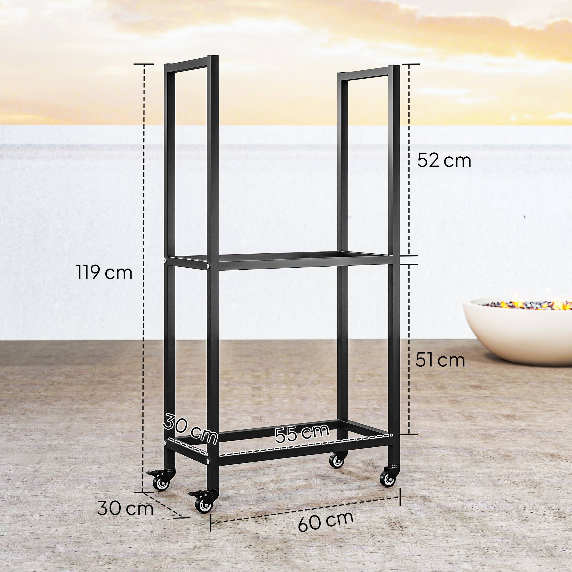 Étagère à bûches à deux niveaux pour intérieur et extérieur, avec roues en acier renforcé, 60 x 30 x 119 cm, noire - Image 5