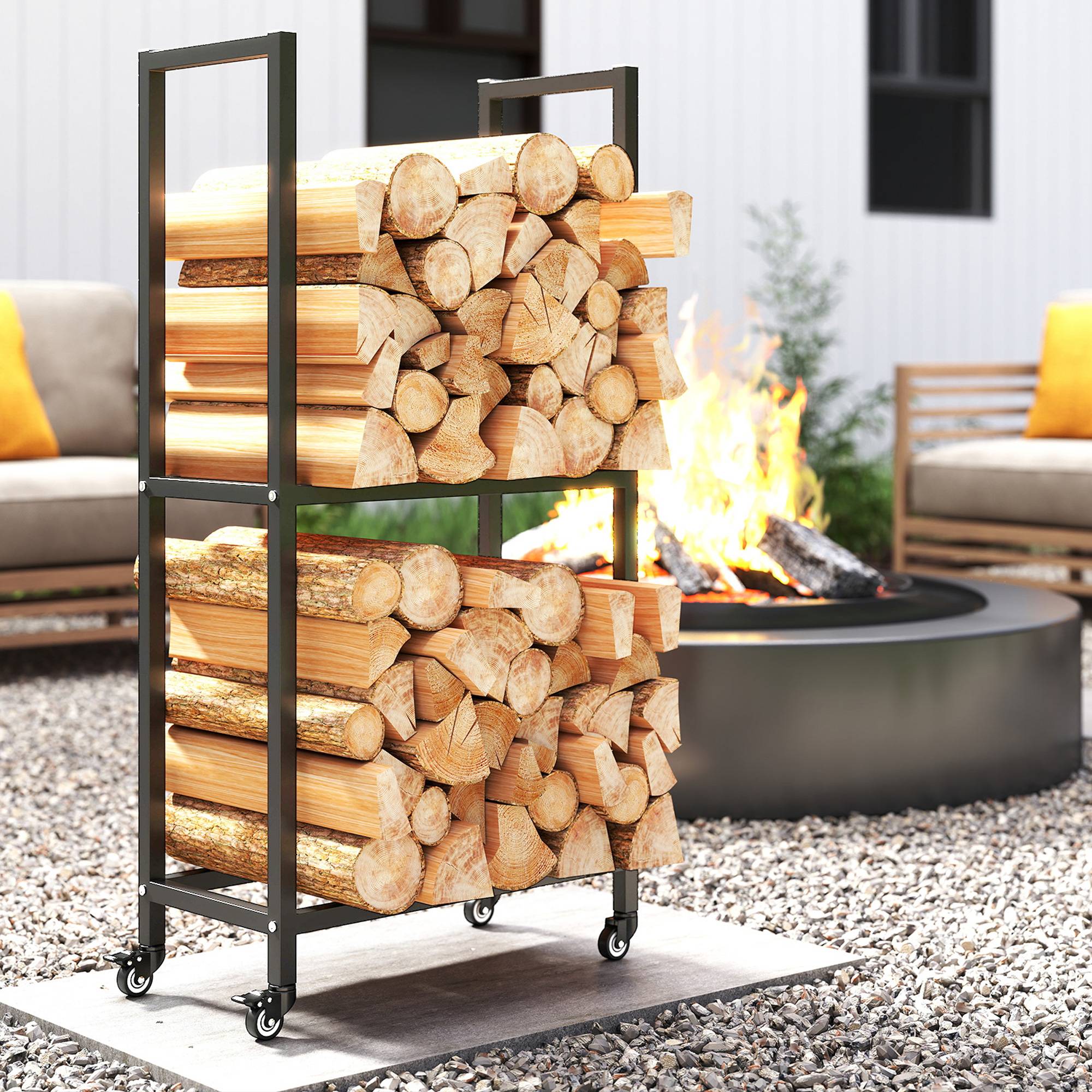 Étagère à bûches à deux niveaux pour intérieur et extérieur, avec roues en acier renforcé, 60 x 30 x 119 cm, noire - Image 4