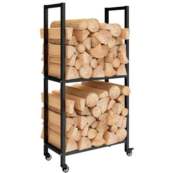 Étagère à bûches à deux niveaux pour intérieur et extérieur, avec roues en acier renforcé, 60 x 30 x 119 cm, noire - Image 1
