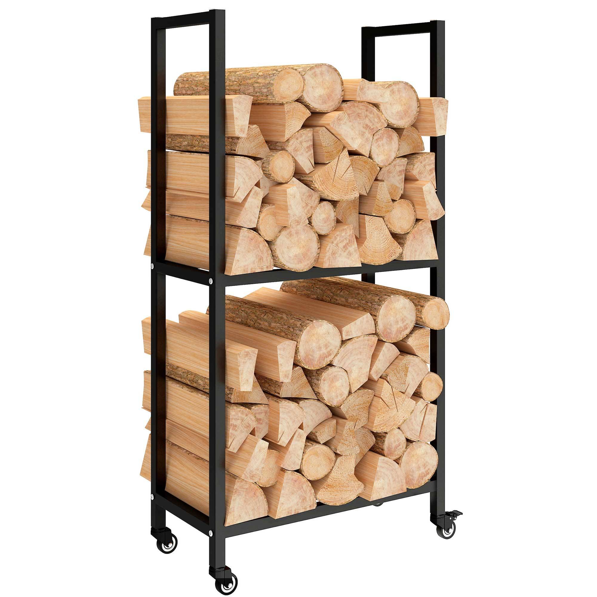 Étagère à bûches à deux niveaux pour intérieur et extérieur, avec roues en acier renforcé, 60 x 30 x 119 cm, noire - Image 1
