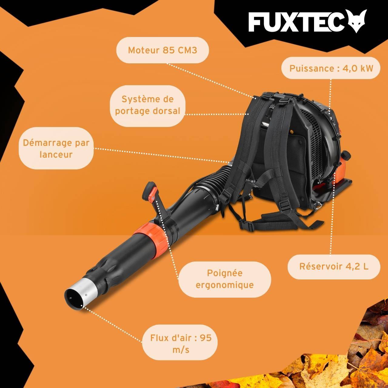 FUXTEC - Souffleur de feuilles thermique dorsal  FUXTEC  FX-LBP185TPRO | Moteur 85 cm³ | Puissance 4,0 kW | Vitesse d’air 95 m/s - Image 3