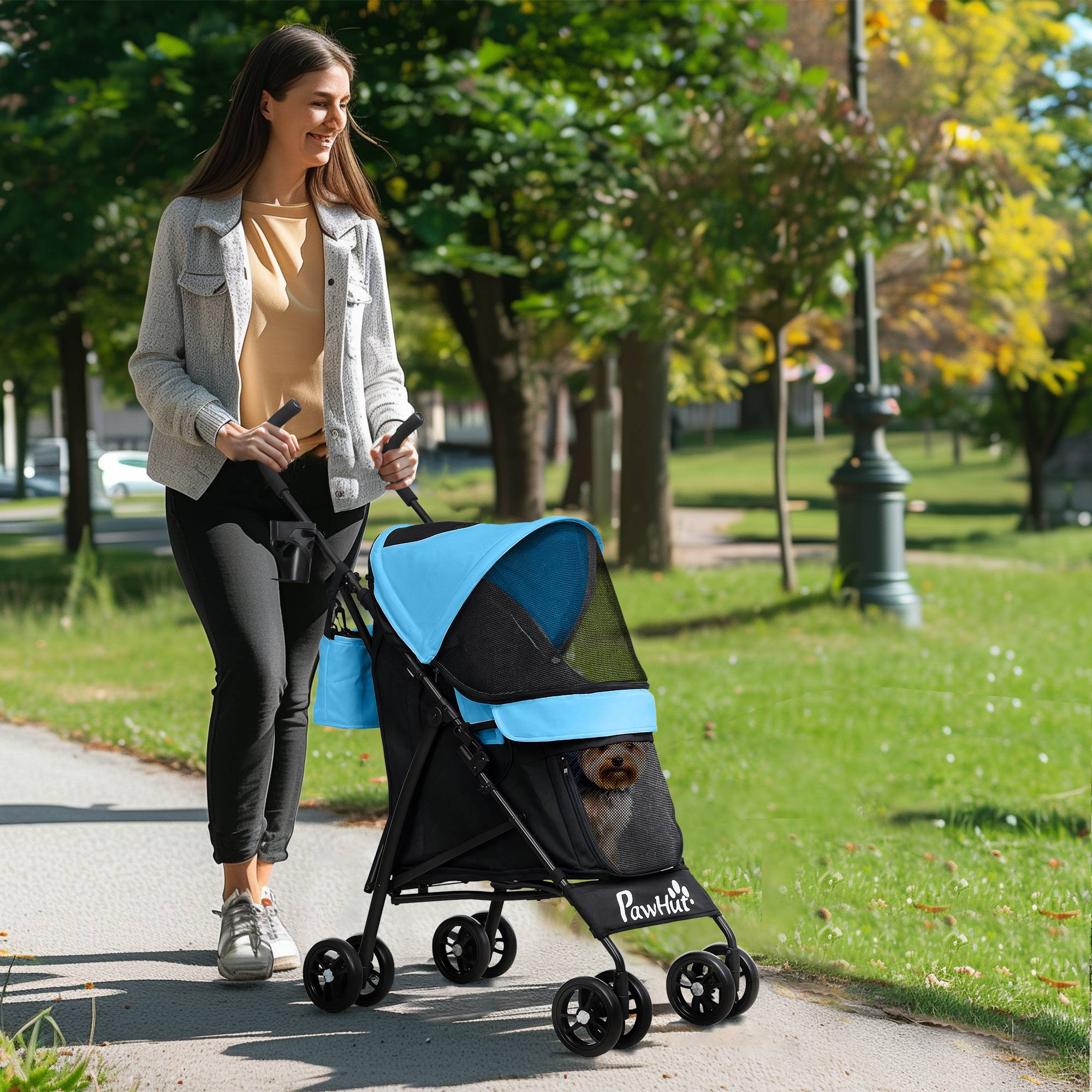 Poussette pour petit chien avec structure parapluie, coussin lavable, porte-gobelet, fenêtres en filet et sac de transport - Bleue - Image 3