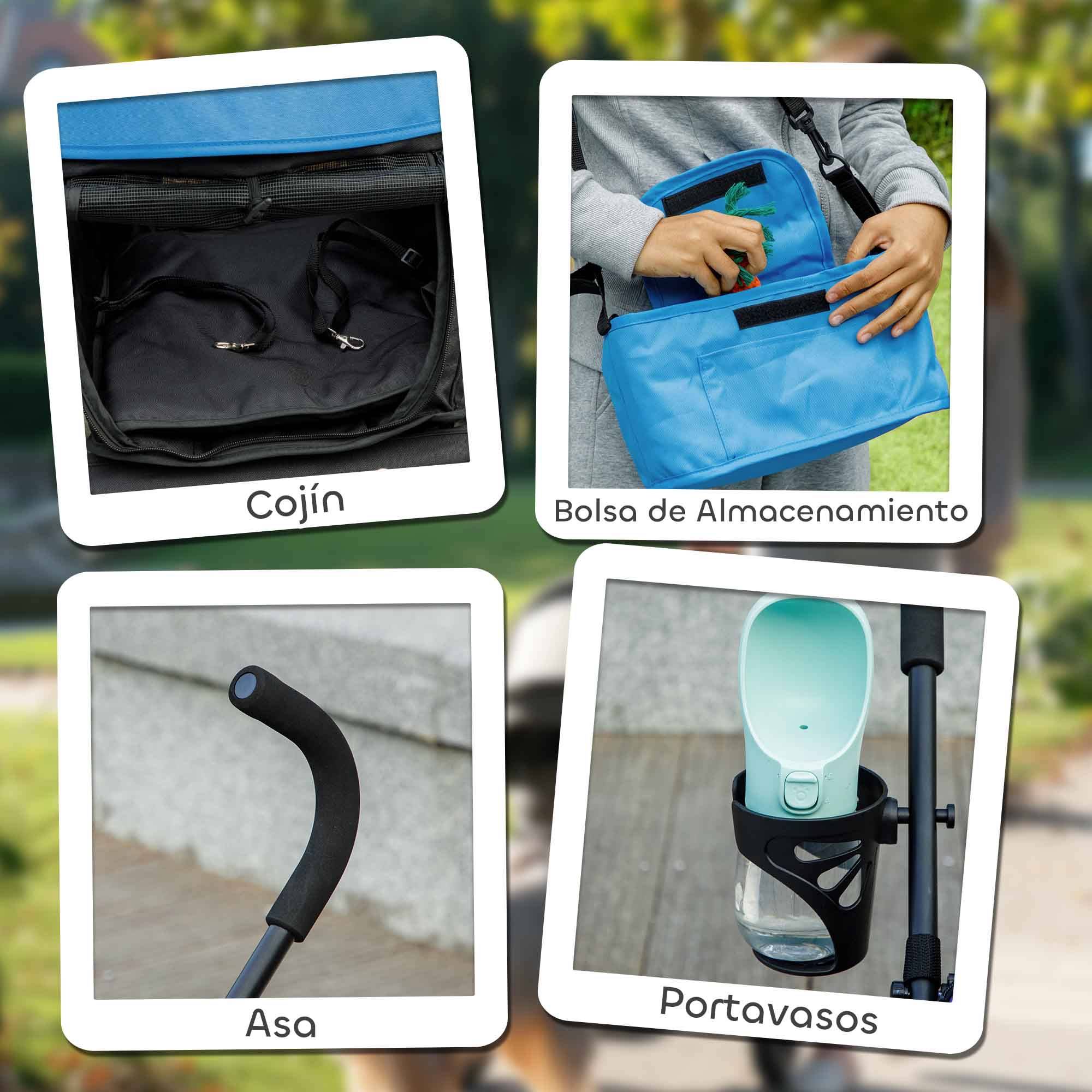Poussette pour petit chien avec structure parapluie, coussin lavable, porte-gobelet, fenêtres en filet et sac de transport - Bleue - Image 9