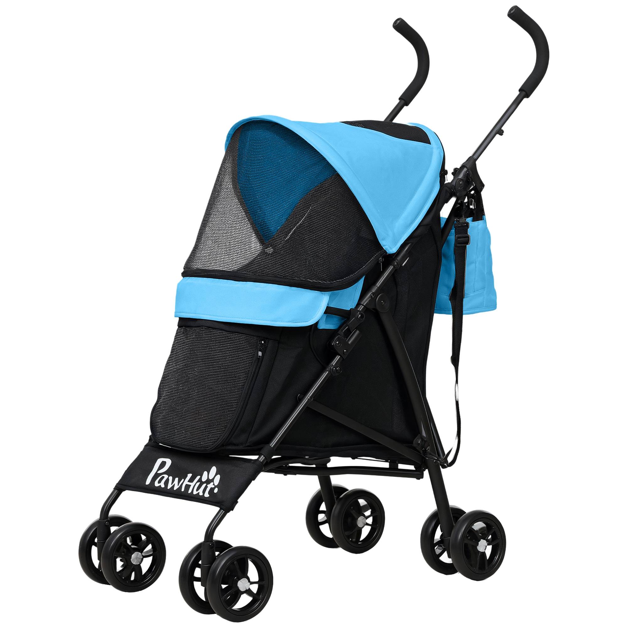 Poussette pour petit chien avec structure parapluie, coussin lavable, porte-gobelet, fenêtres en filet et sac de transport - Bleue - Image 2