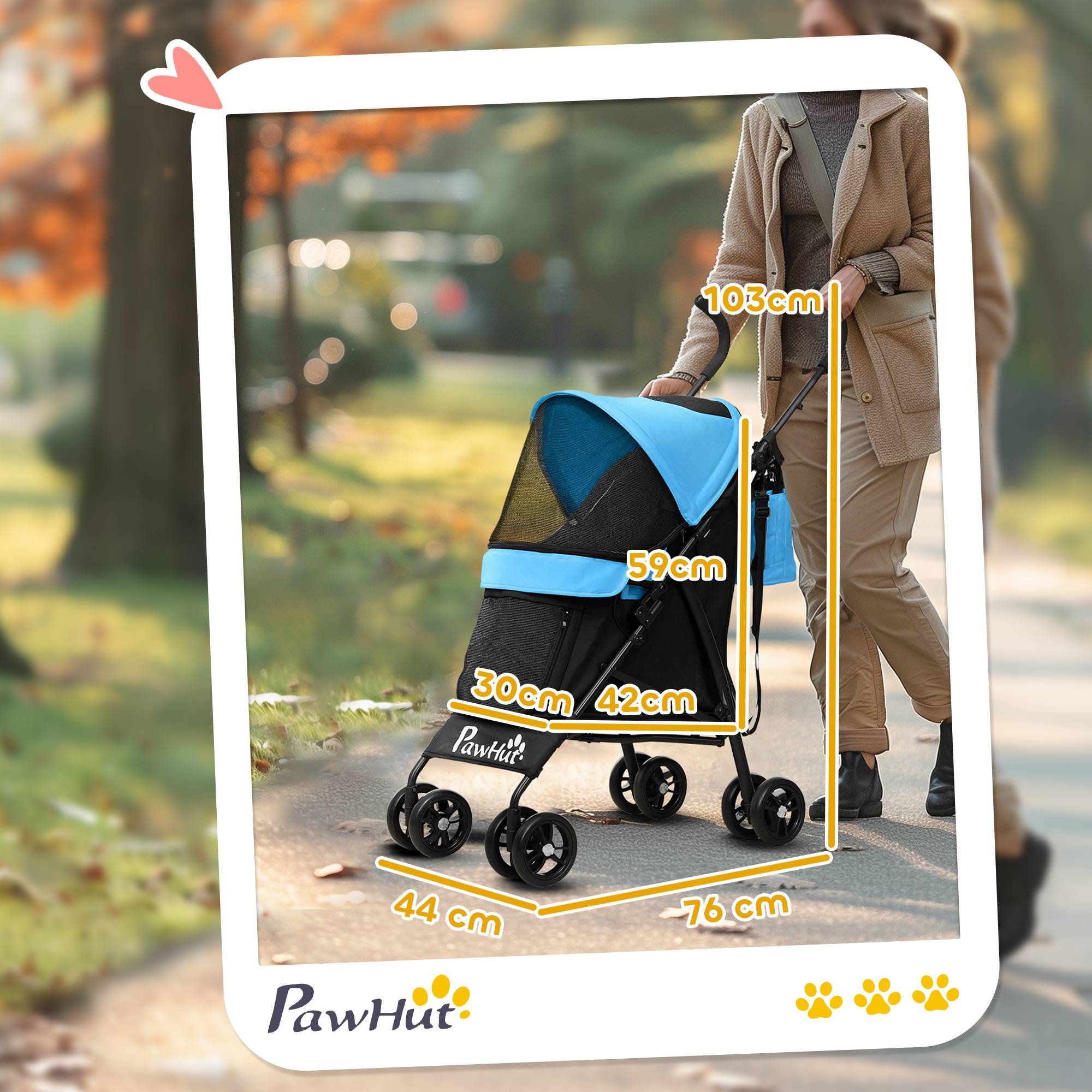 Poussette pour petit chien avec structure parapluie, coussin lavable, porte-gobelet, fenêtres en filet et sac de transport - Bleue - Image 5