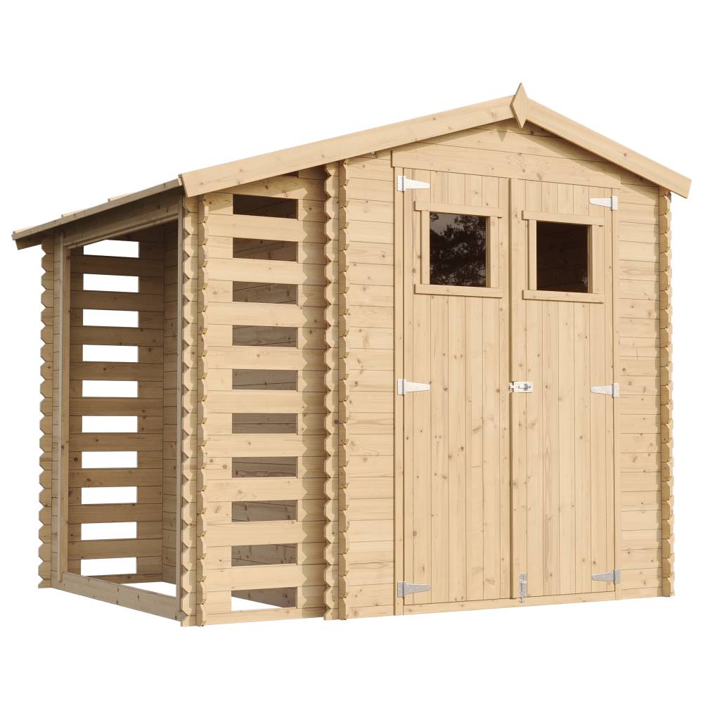 Timbela - Abri de jardin en bois et range bûches extérieur I206xL272xH218 cm/ 3,53+0,97 m² avec sol traité - 19 mm d’épaisseur - Timbela M386+M386G - Image 2