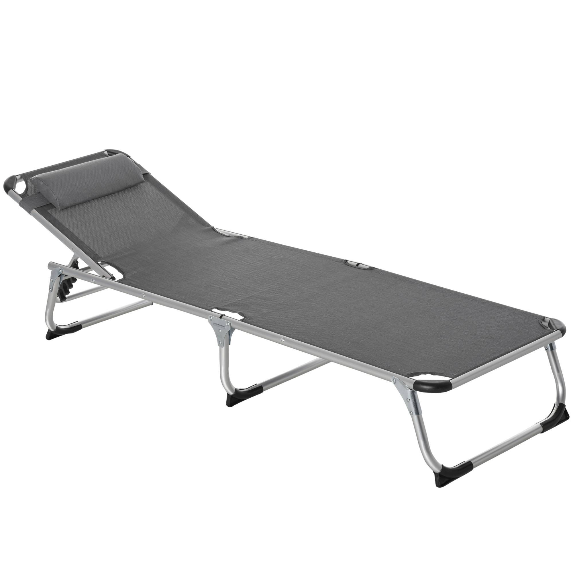 Transat pliable de jardin gris avec appui-tête, dossier réglable 4 positions, chaise longue camping, charge 120 kg - Image 2