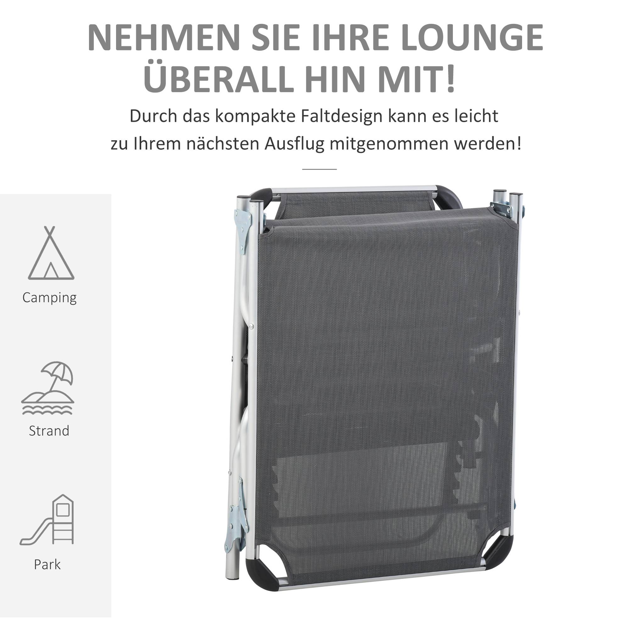Transat pliable de jardin gris avec appui-tête, dossier réglable 4 positions, chaise longue camping, charge 120 kg - Image 8