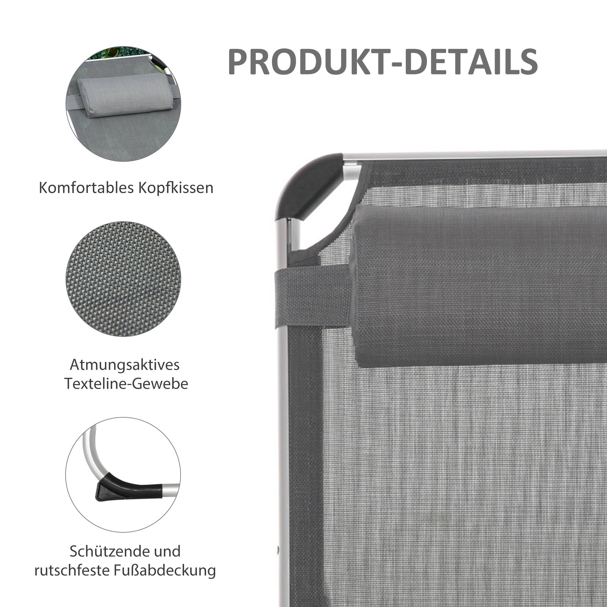 Transat pliable de jardin gris avec appui-tête, dossier réglable 4 positions, chaise longue camping, charge 120 kg - Image 7