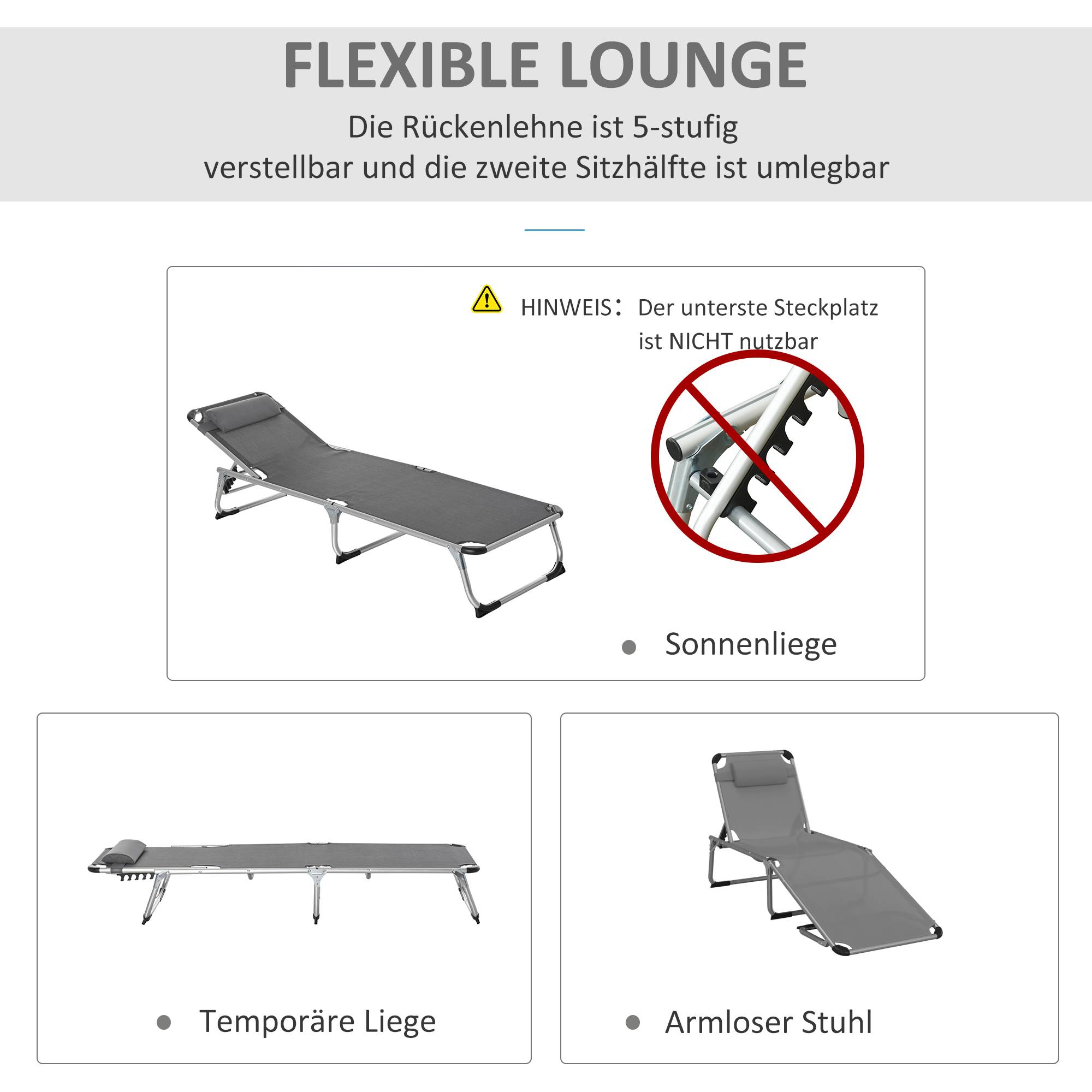 Transat pliable de jardin gris avec appui-tête, dossier réglable 4 positions, chaise longue camping, charge 120 kg - Image 6