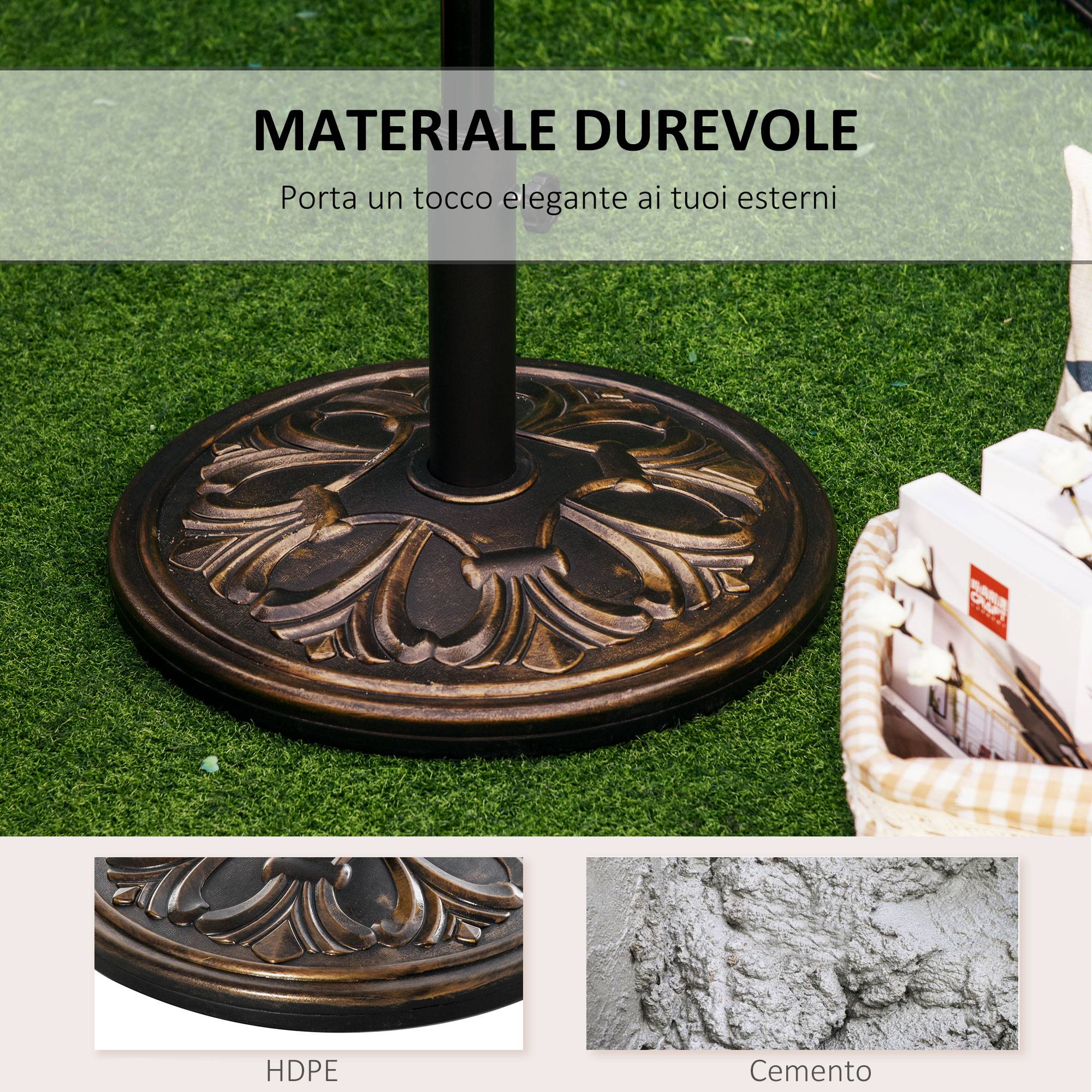 Pied de parasol rond Ø48 x 34 cm en plastique 13 kg pour mâts Ø35/38/48 mm, bronze - Image 6