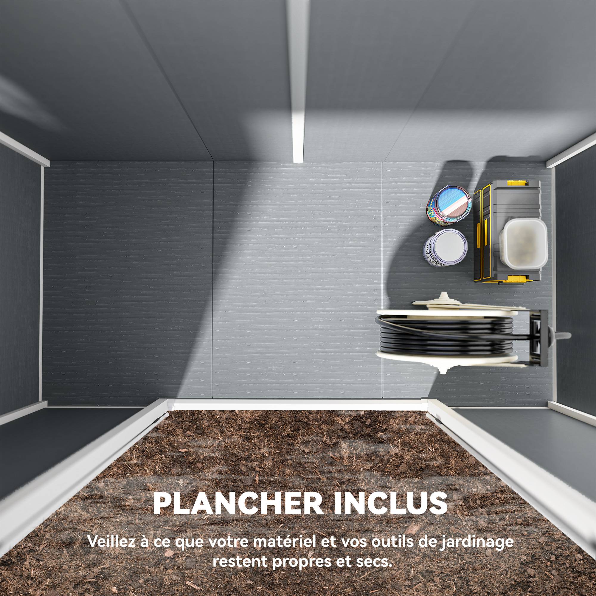 Abri de jardin résine aluminium extérieur étanche avec plancher 238x125cm gris - ComfortXL Outdoor Living - Image 8