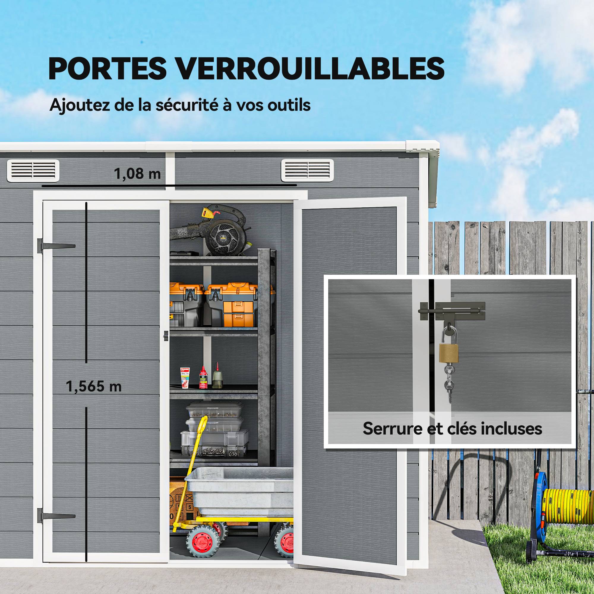 Abri de jardin résine aluminium extérieur étanche avec plancher 238x125cm gris - ComfortXL Outdoor Living - Image 10