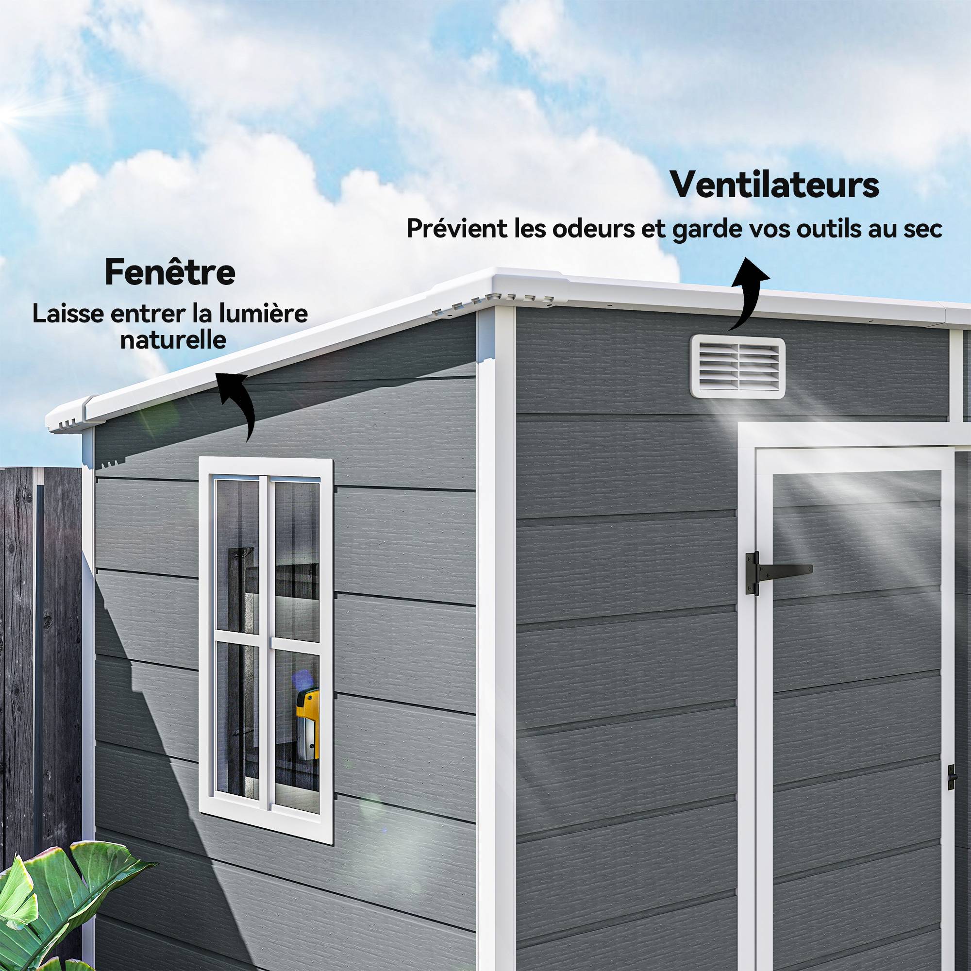 Abri de jardin résine aluminium extérieur étanche avec plancher 238x125cm gris - ComfortXL Outdoor Living - Image 9