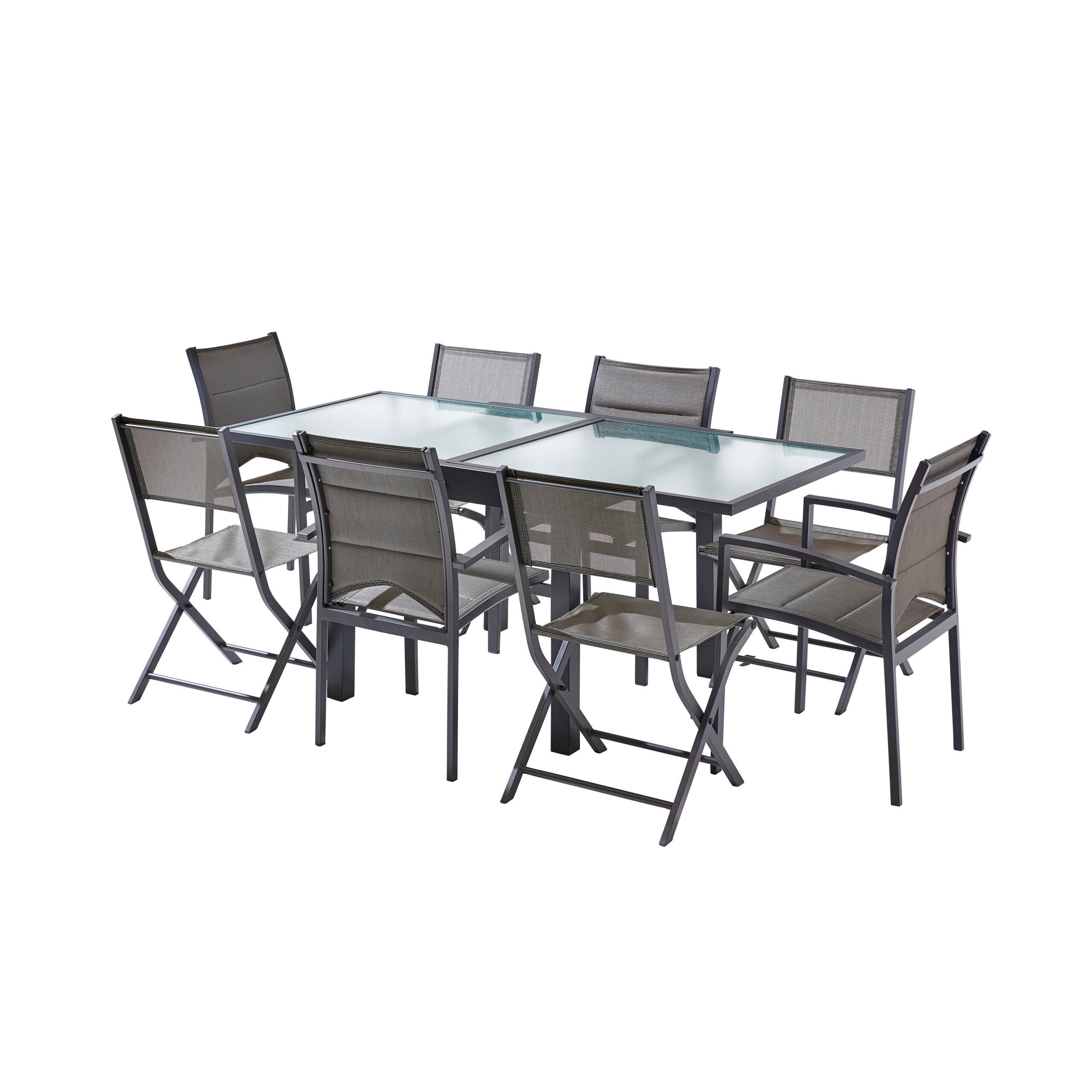 Wilsa Garden - Ensemble MODULO 4/8p en aluminium gris et verre transparent modulable, 4 fauteuils et 4 chaises pliantes - Image 1