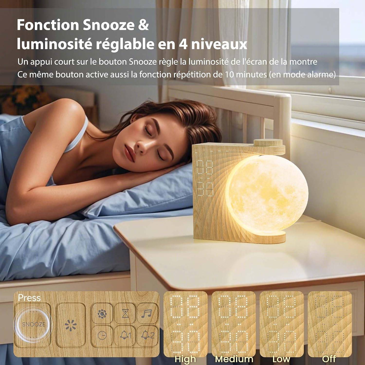 8 in 1 - Réveil lumineux 3D rotatif en forme de lune, 8 couleurs RGB, 10 sons naturels, 3 niveaux de luminosité, idéal pour la chambre ou le salon. - Image 3