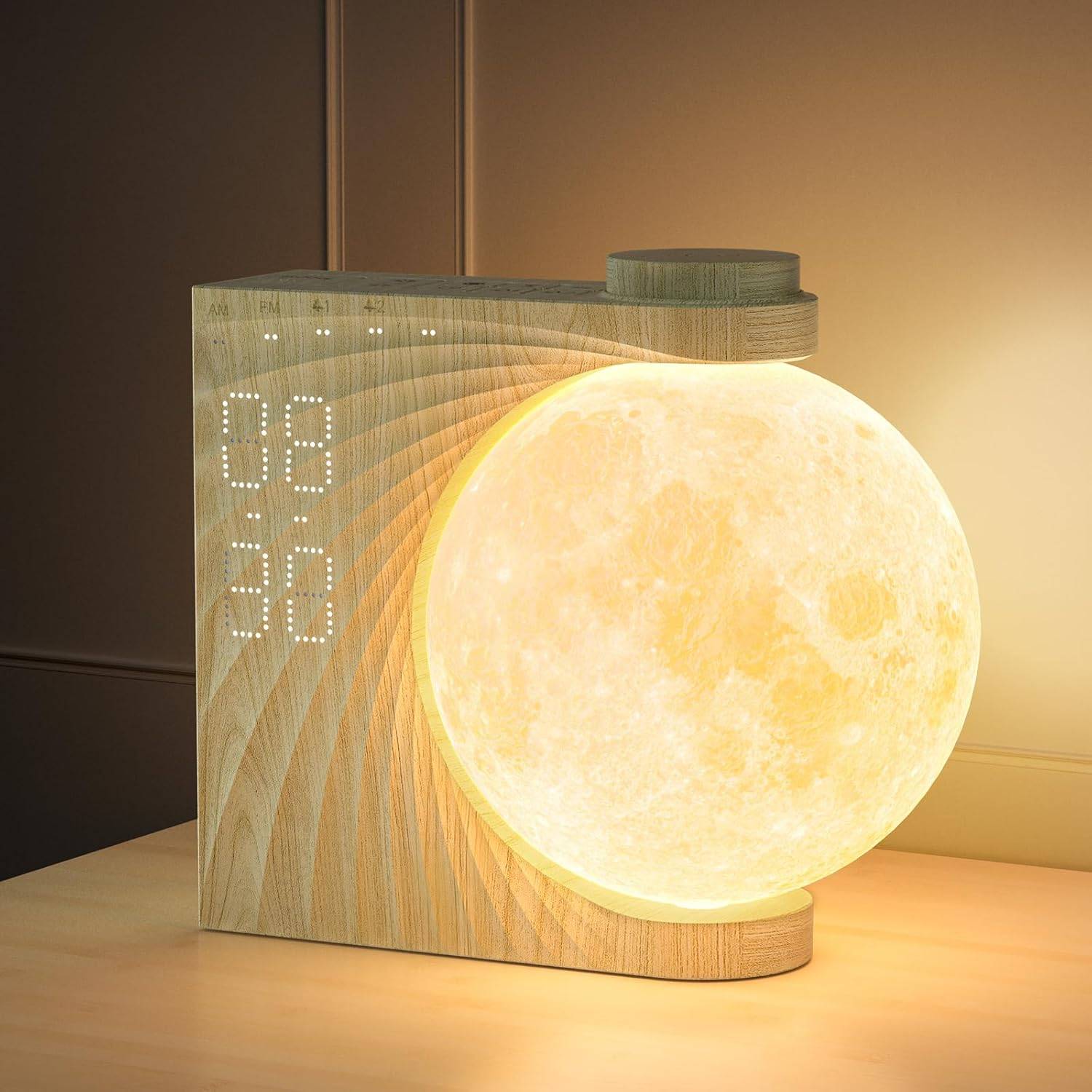 8 in 1 - Réveil lumineux 3D rotatif en forme de lune, 8 couleurs RGB, 10 sons naturels, 3 niveaux de luminosité, idéal pour la chambre ou le salon. - Image 1