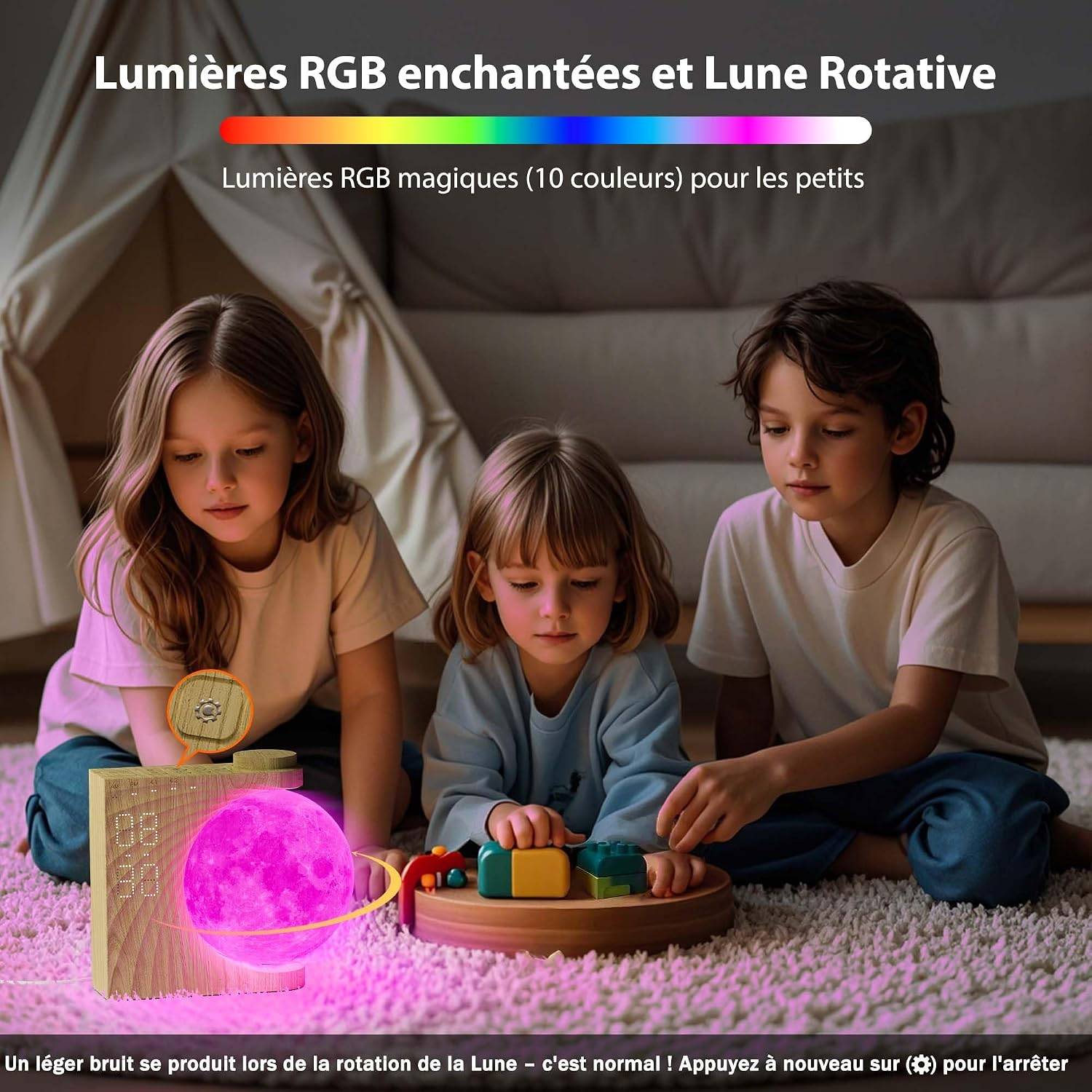 8 in 1 - Réveil lumineux 3D rotatif en forme de lune, 8 couleurs RGB, 10 sons naturels, 3 niveaux de luminosité, idéal pour la chambre ou le salon. - Image 2