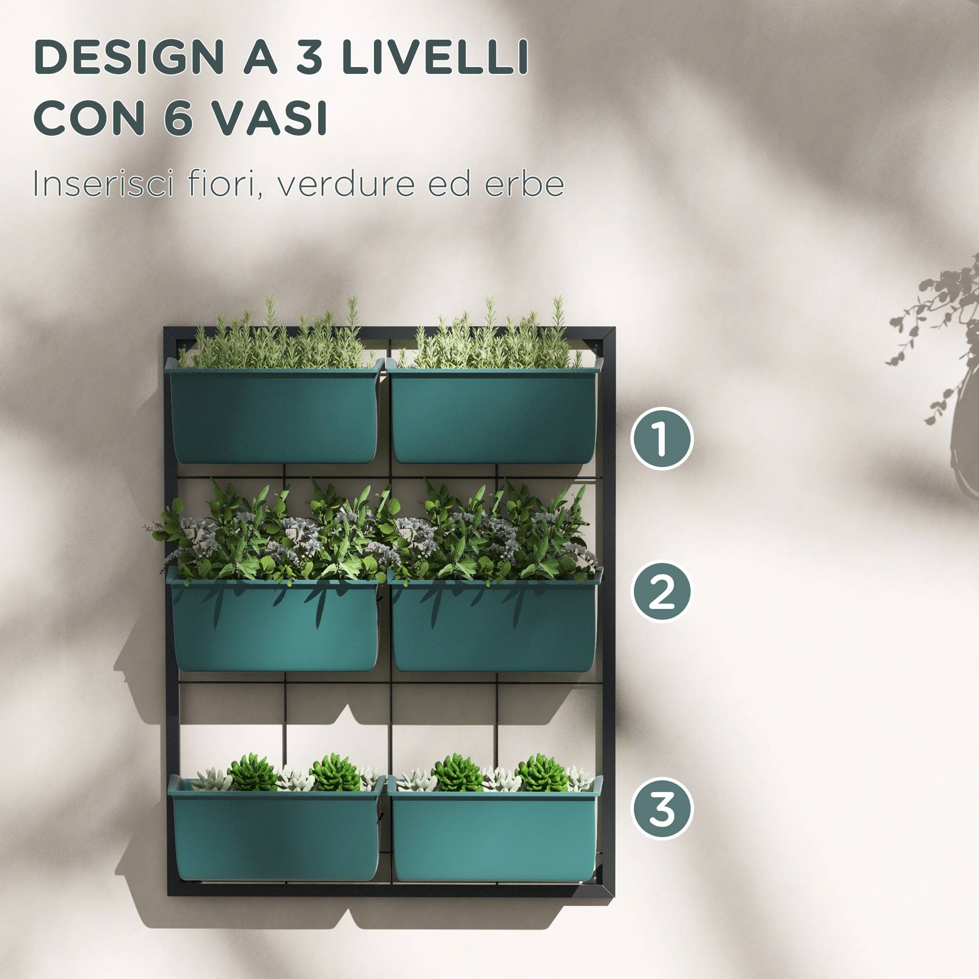 Potager Vertical Mur 3 Niveaux 6 Pots Acier Plastique, 52x14x66cm, Vert - Image 7