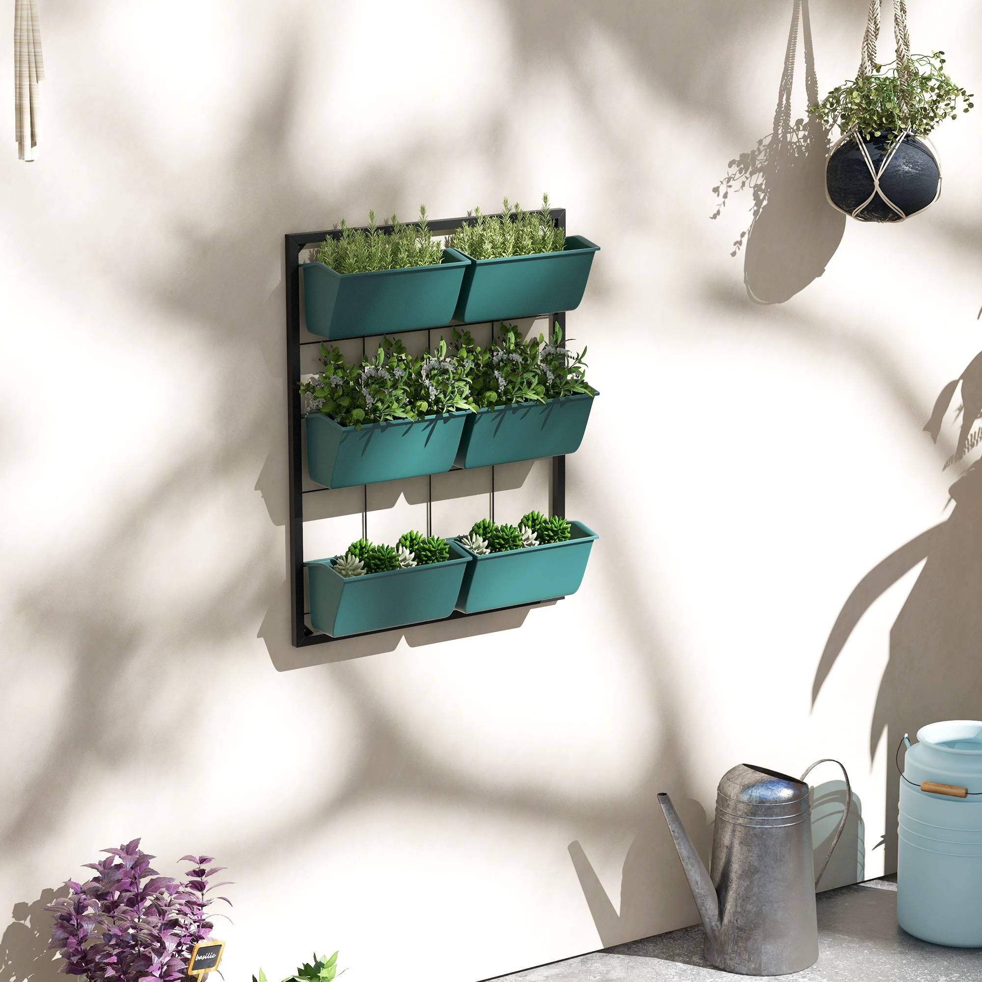 Potager Vertical Mur 3 Niveaux 6 Pots Acier Plastique, 52x14x66cm, Vert - Image 4