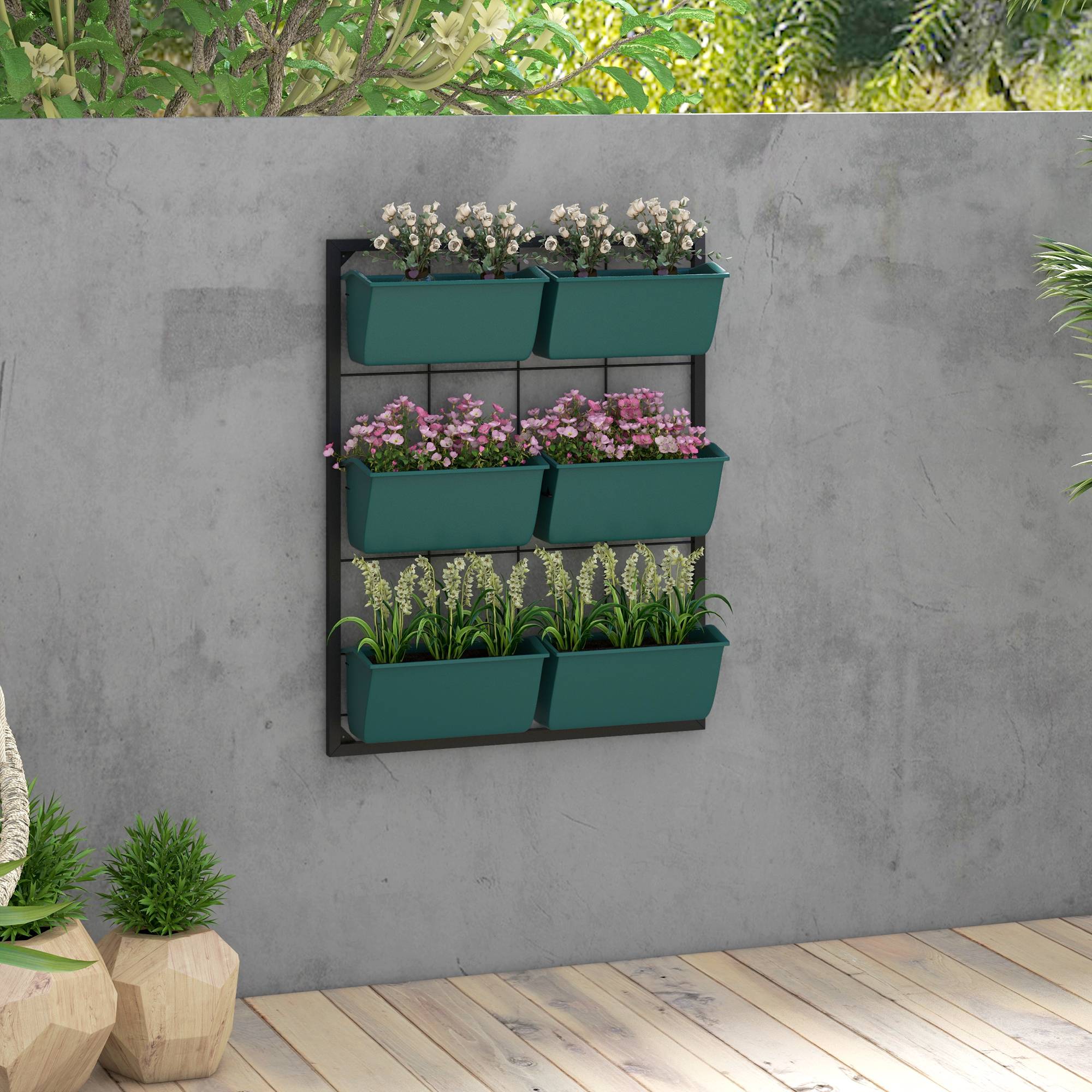 Potager Vertical Mur 3 Niveaux 6 Pots Acier Plastique, 52x14x66cm, Vert - Image 3