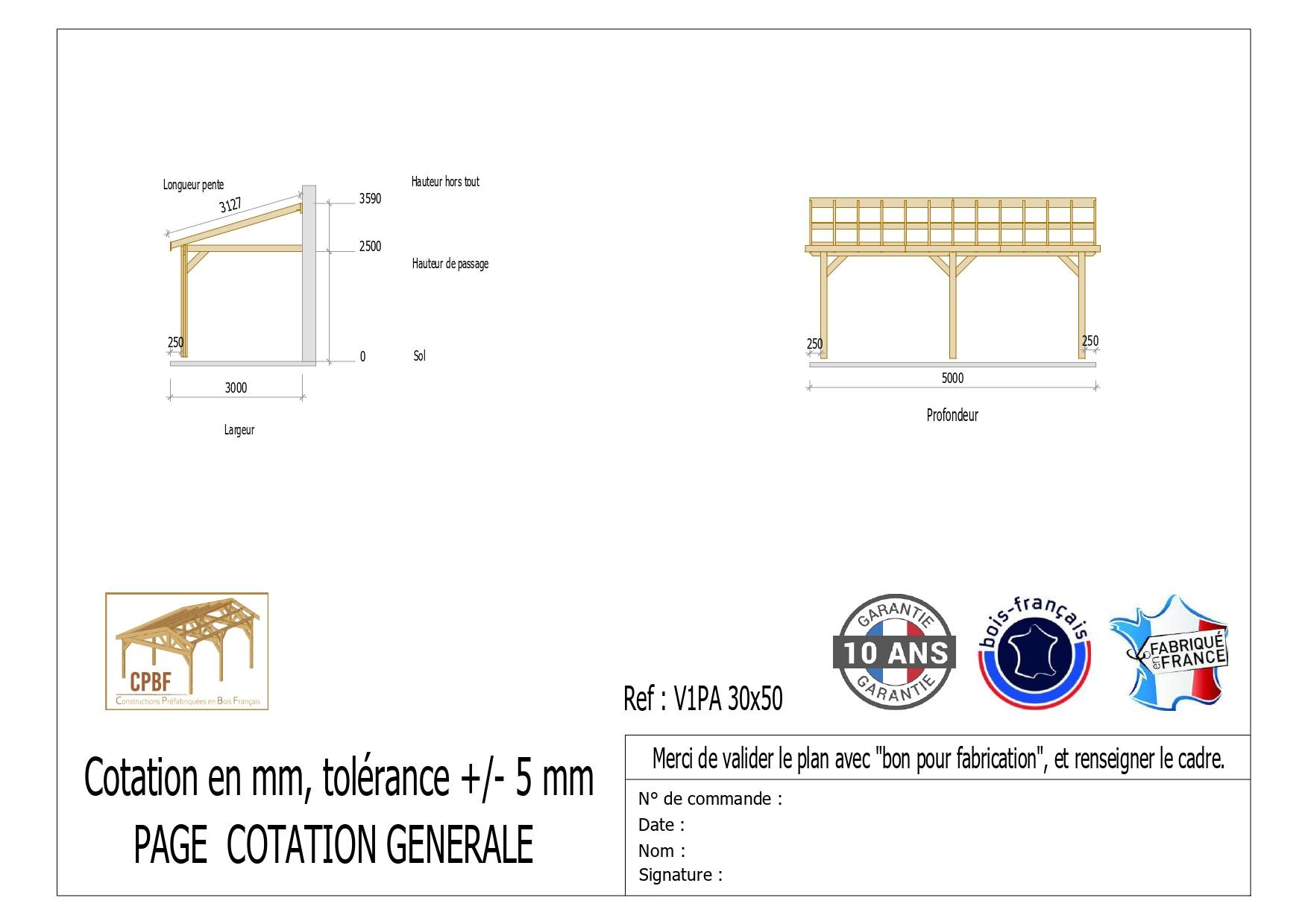 Cpbf Charpentes - Carport adossé une pente 300cmx500cm, bois DOUGLAS Français (Charpente en bois-auvent-abri voiture) 18 m². Garantie 10 ans - Image 2