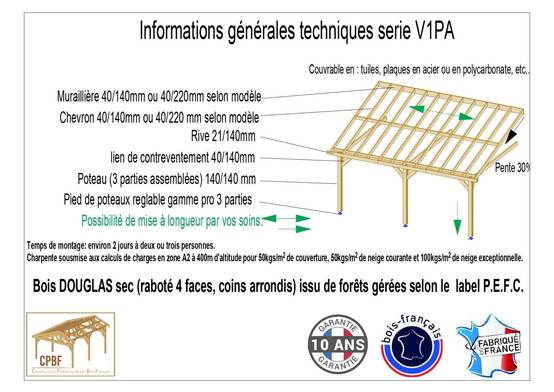 Cpbf Charpentes - Carport adossé une pente 300cmx500cm, bois DOUGLAS Français (Charpente en bois-auvent-abri voiture) 18 m². Garantie 10 ans - Image 3