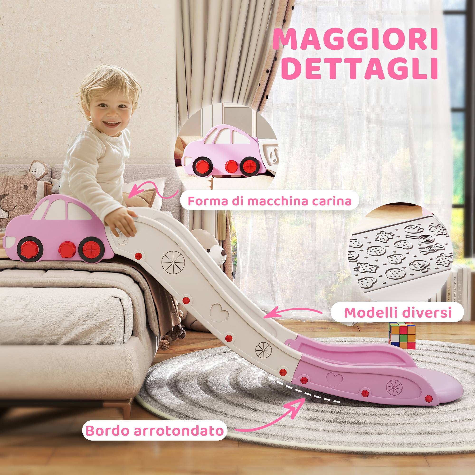 Toboggan pour enfants en PEHD avec zone de rembourrage intégrée, pour canapés et lits, de 18 à 48 mois, rose - Image 9